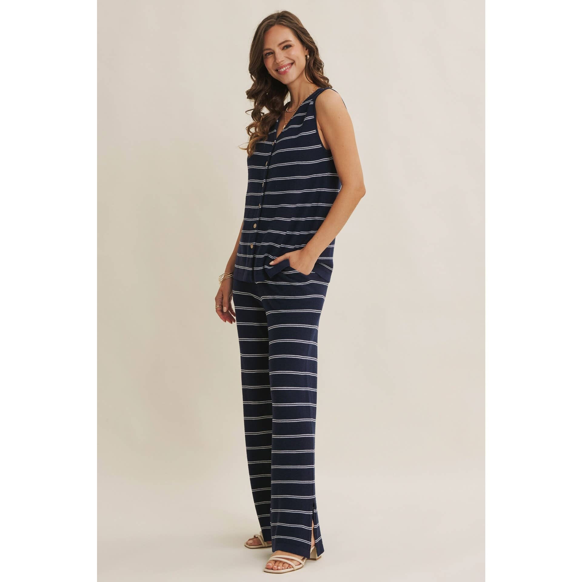 Navy Stripe Linen-Cotton Sleeveless Sweater Top