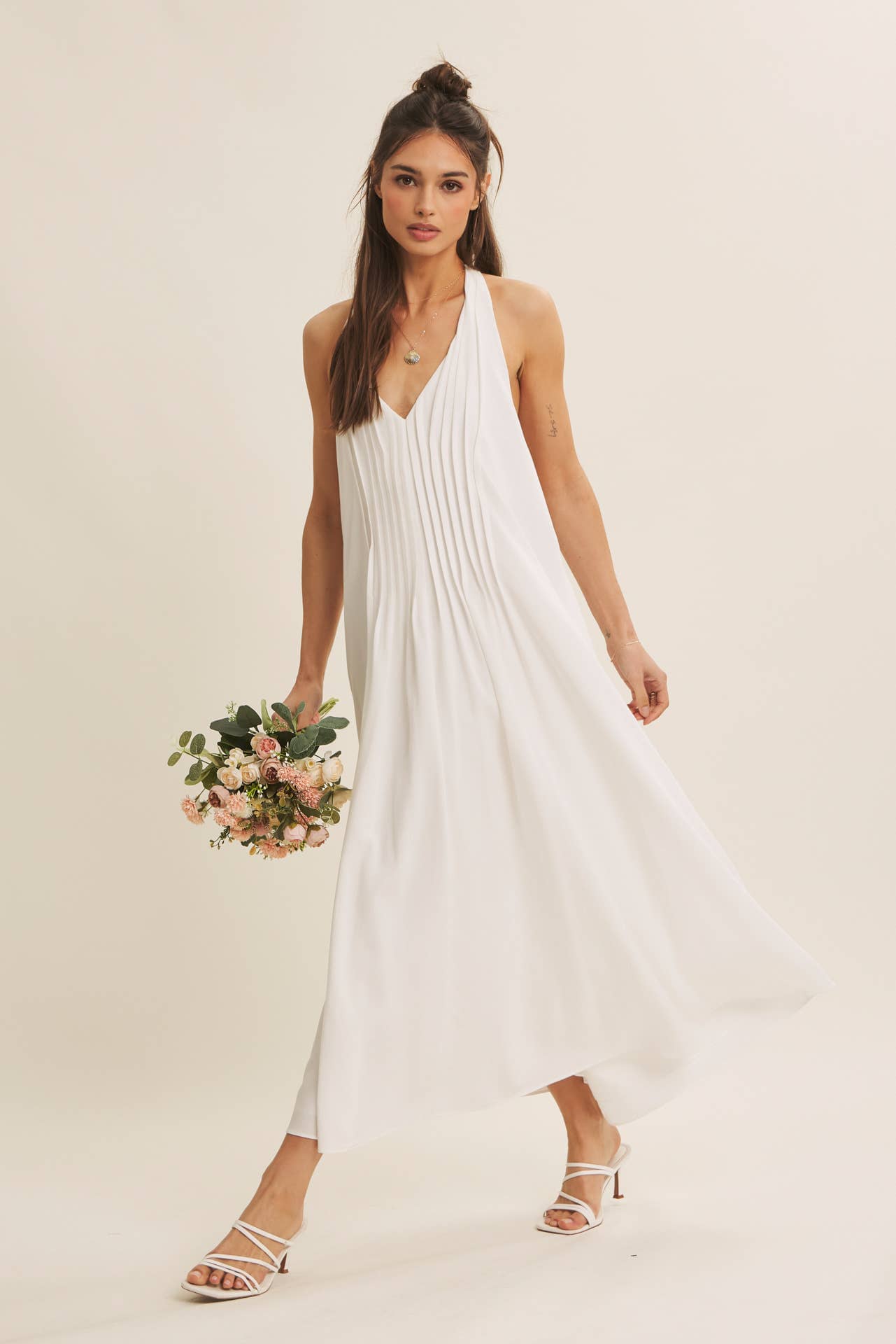 Serene Pintuck Halter Midi Dress – Off White