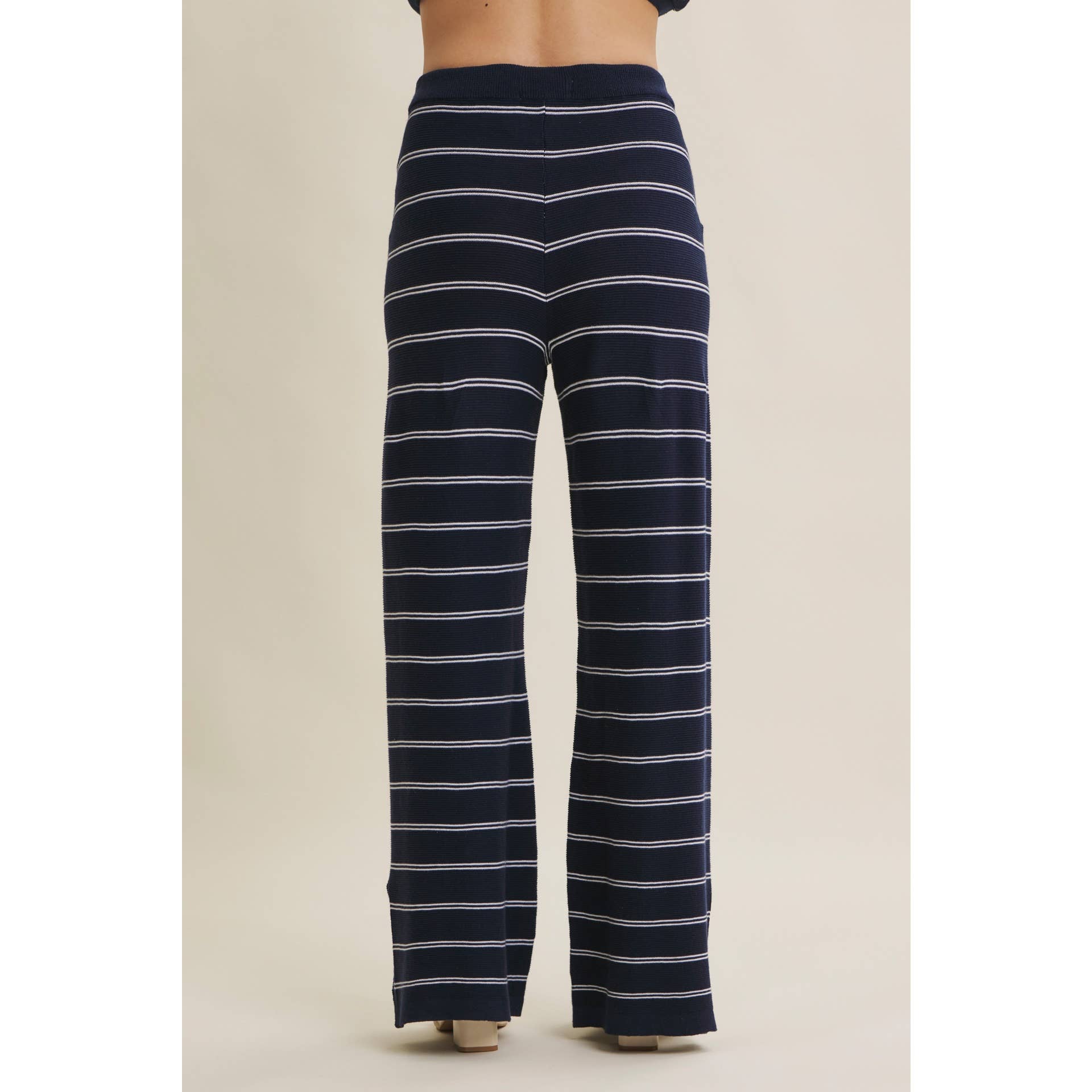 BAYSIDE LEISURE STRIPED WIDE-LEG SWEATER PANTS WITH SLITS: NAVY/CREAM / S | Stella & Grace Boutique .