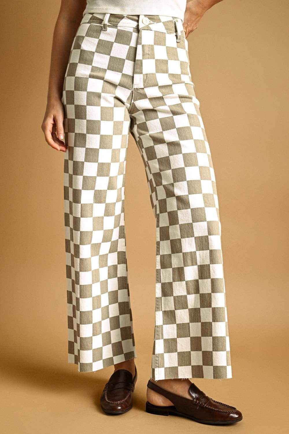 P7497 CHECKER BOARD STREATCH PANTS: TAN / S