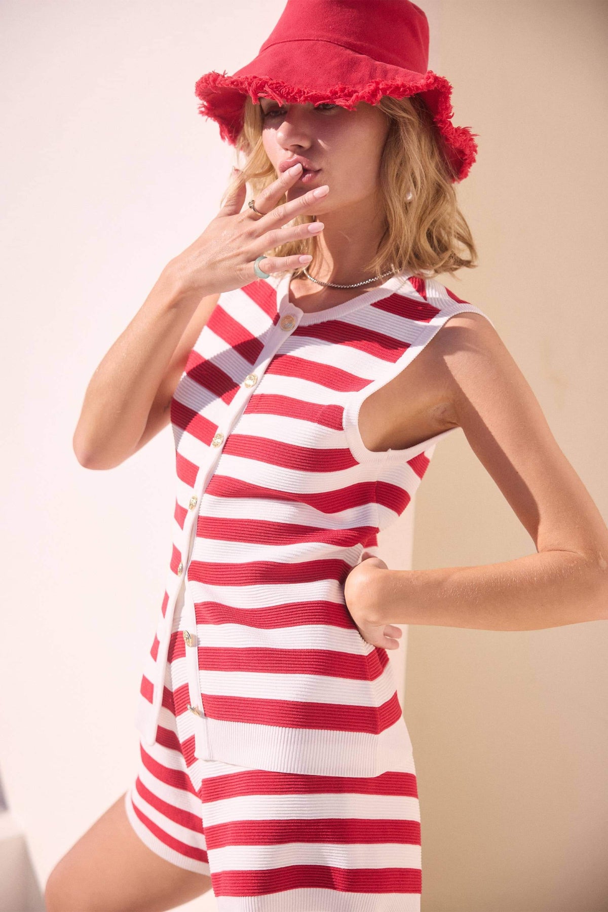 Sailor Stripe Button-Front Knit Sweater Top - Nautical Red & White