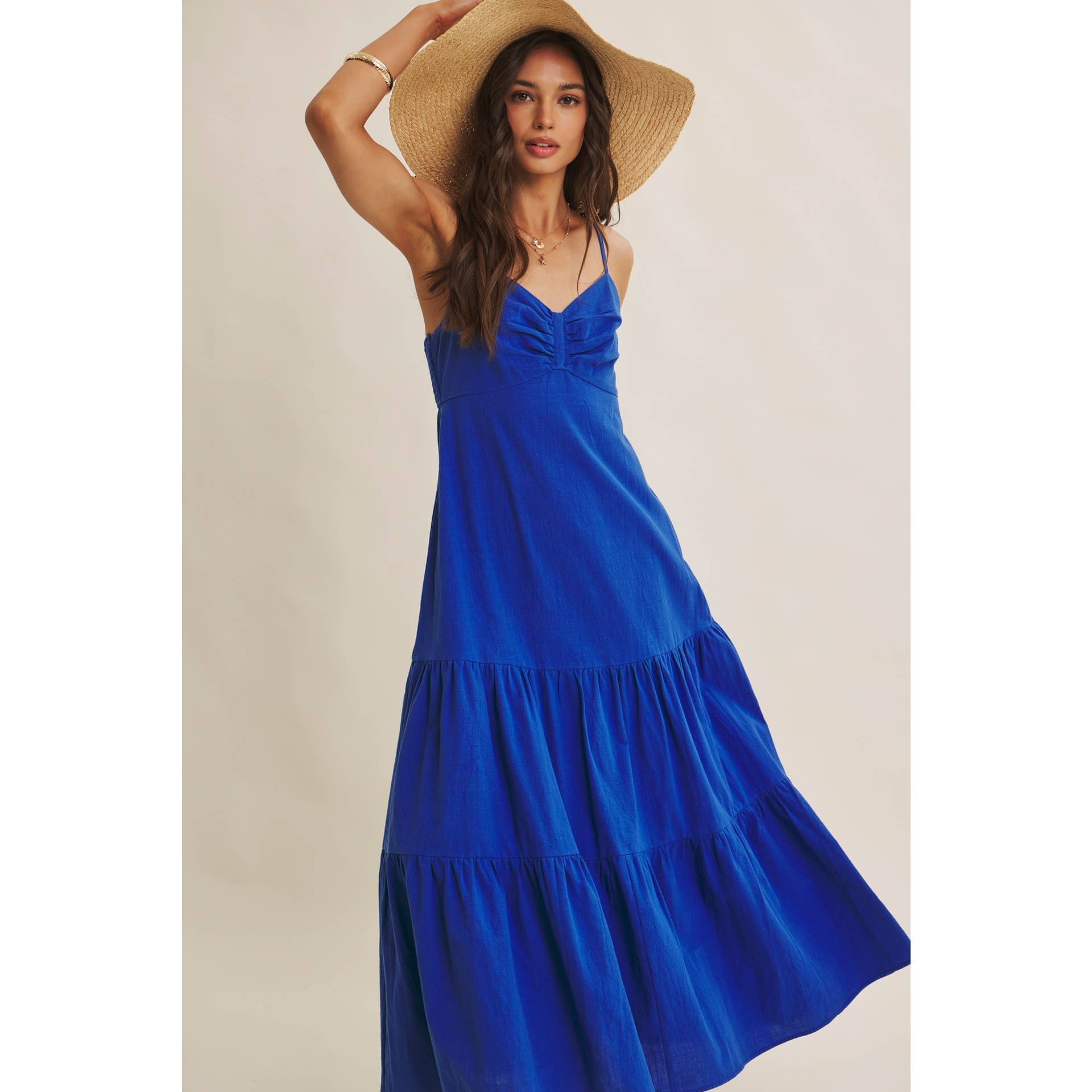 Royal Blue Smocked Back Ruched Cotton Maxi Dress with Pockets