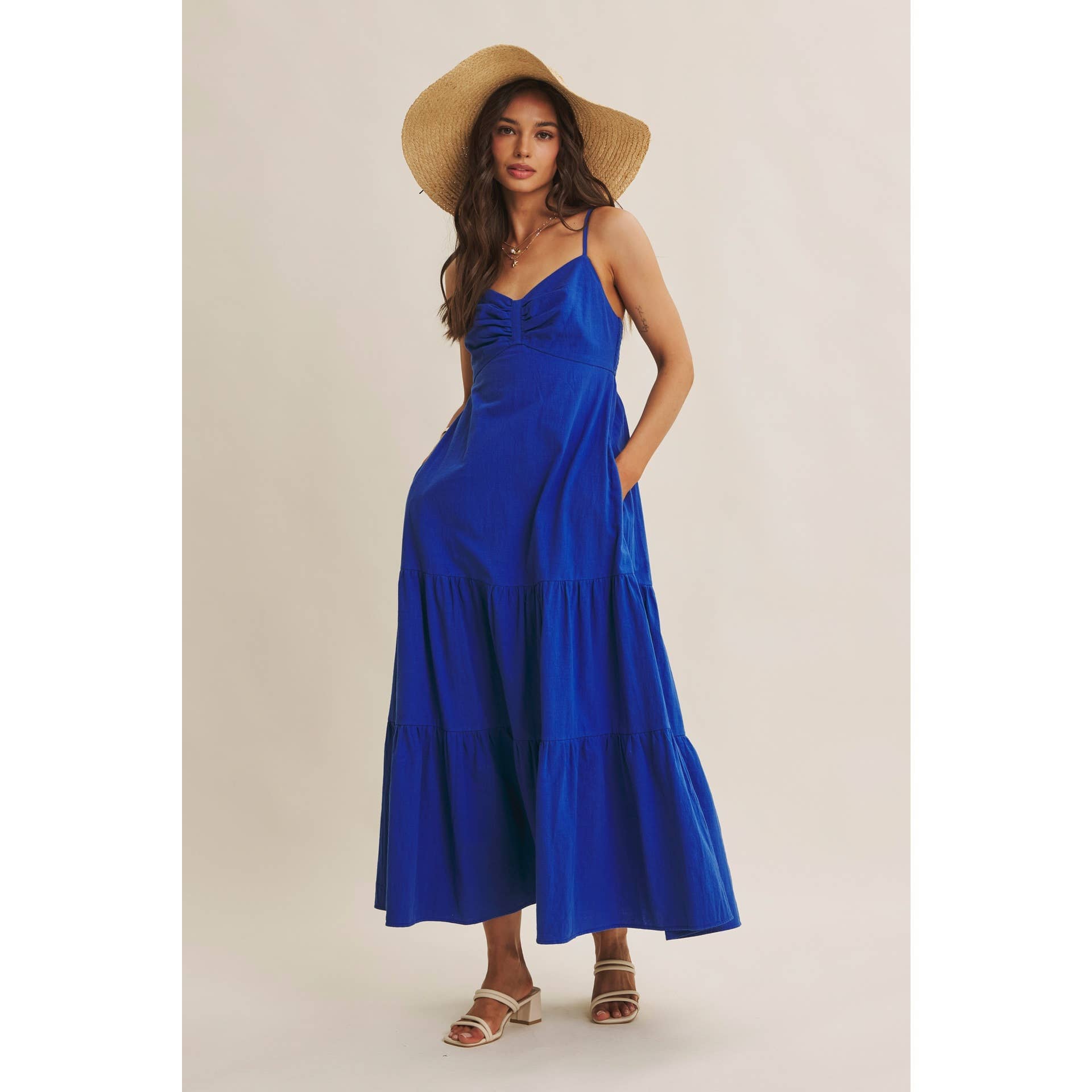 Royal Blue Smocked Back Ruched Cotton Maxi Dress with Pockets