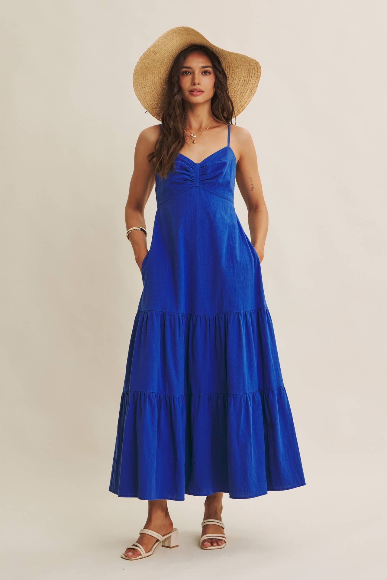 Royal Blue Smocked Back Ruched Cotton Maxi Dress with Pockets
