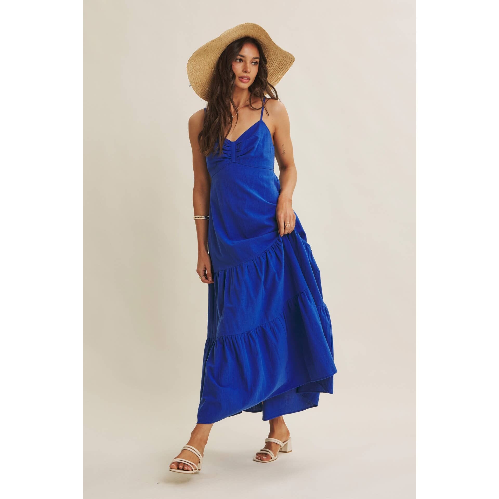 Royal Blue Smocked Back Ruched Cotton Maxi Dress with Pockets