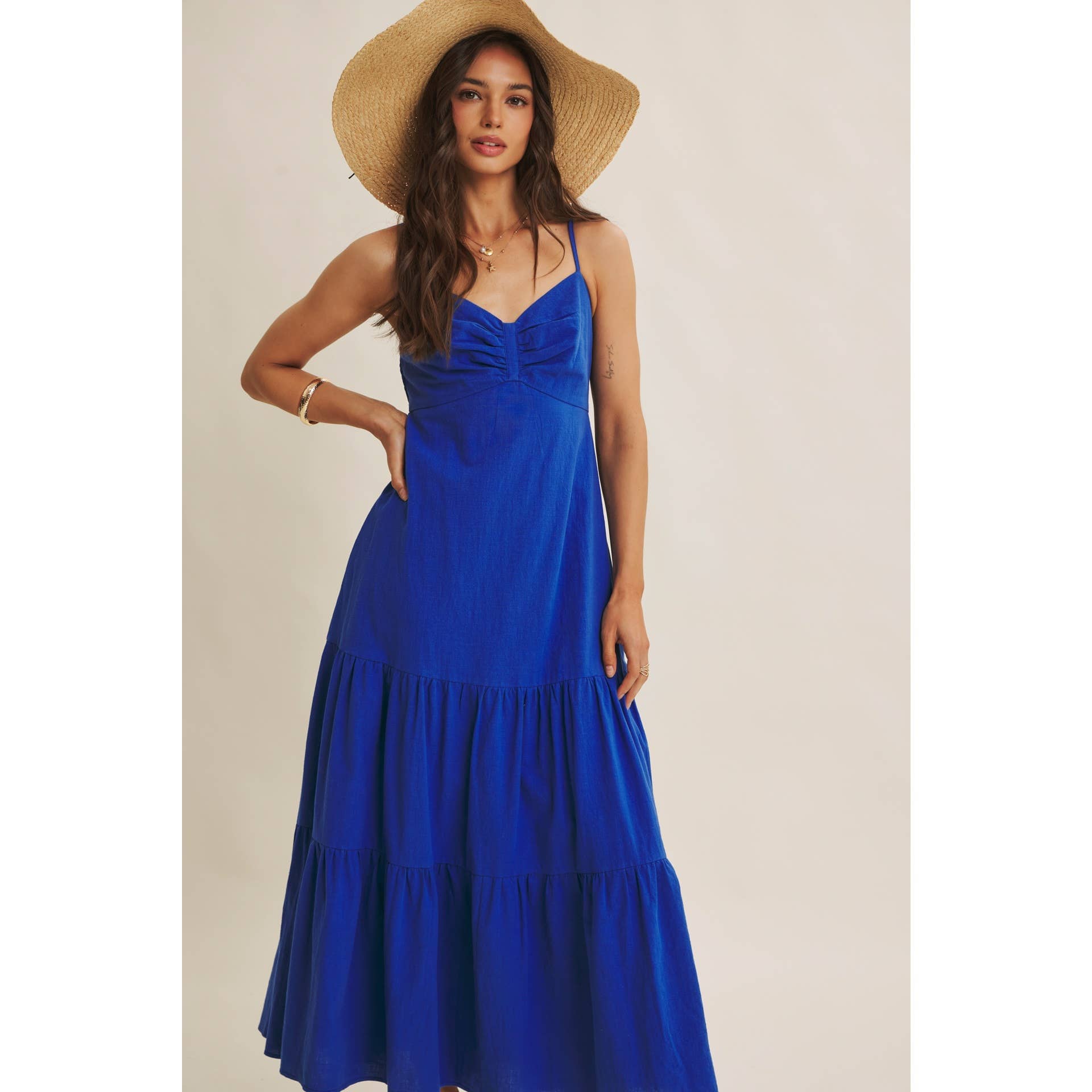 Royal Blue Smocked Back Ruched Cotton Maxi Dress with Pockets