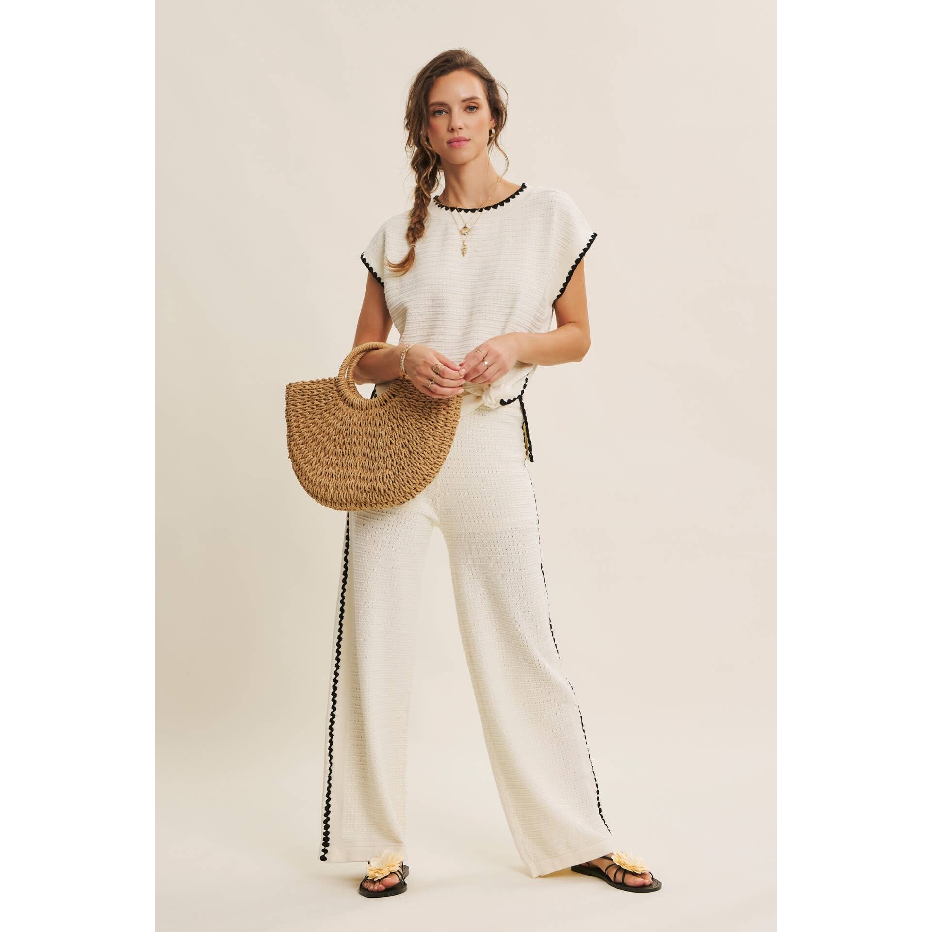 Ivory Coastal Textured Wide-Leg Knit Pants