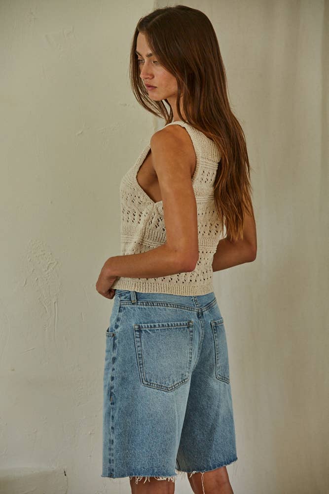 W1961 | Knit Sweater Polyester See Through Sleeveless Top: Light Taupe / S