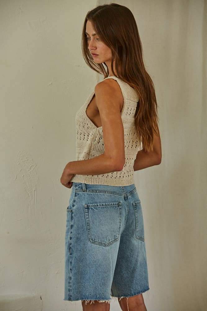 W1961 | Knit Sweater Polyester See Through Sleeveless Top: Light Taupe / S