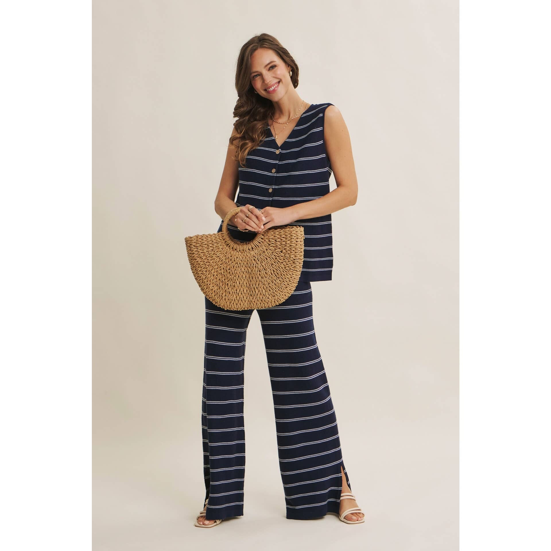Navy Stripe Linen-Cotton Sleeveless Sweater Top