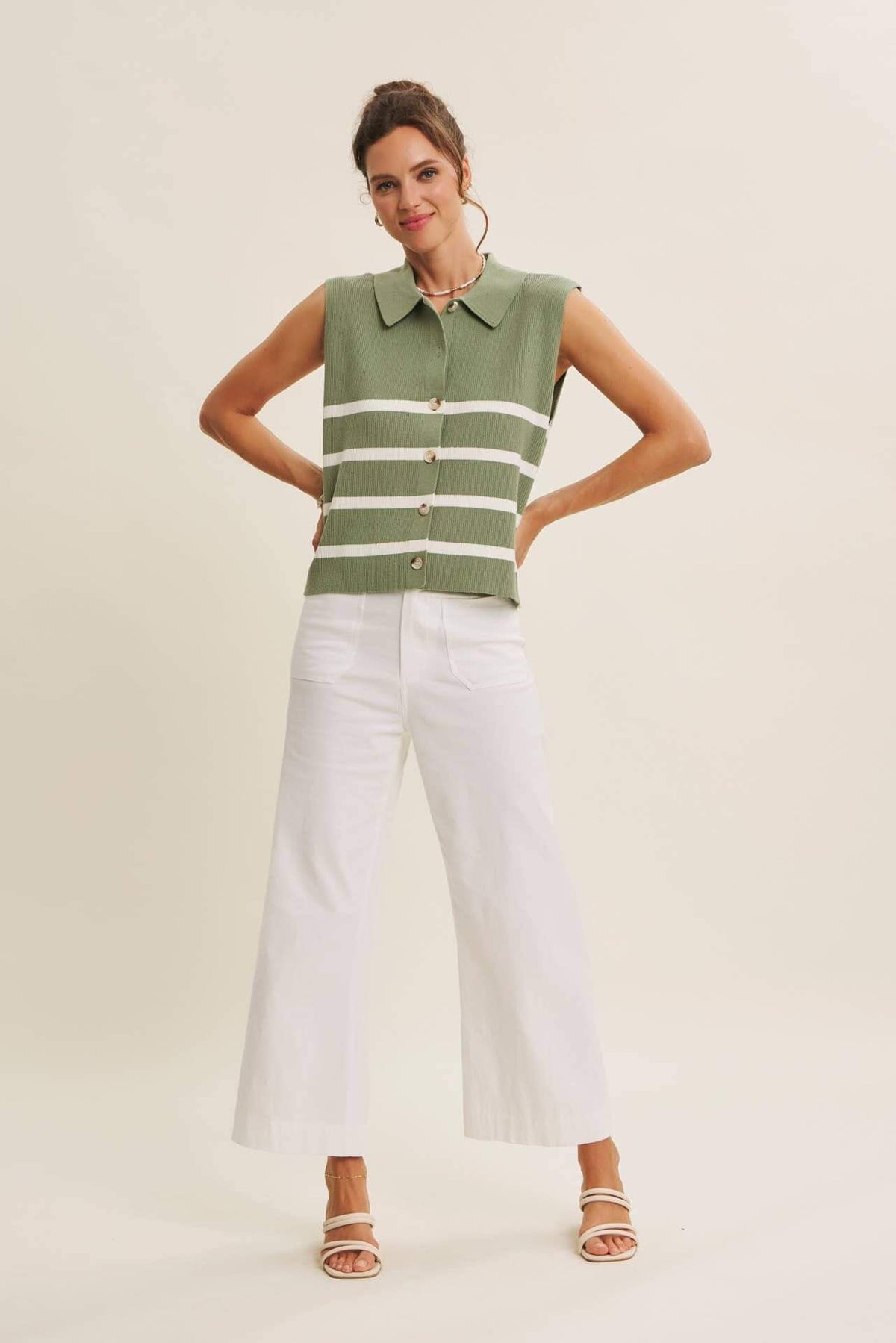ALL SEASON LAYERING VISCOSE RIB BUTTON-DOWN SWEATER VEST: STONE GREEN / S
