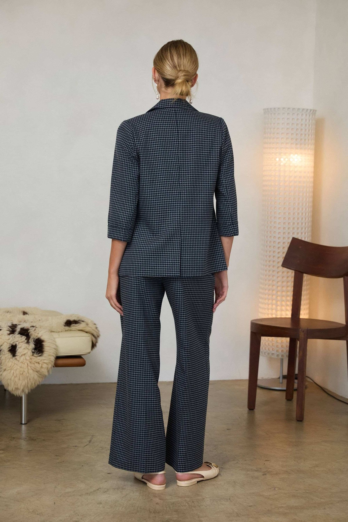 Grid Print Cuffed 3/4 Sleeve Blazer: Navy / XS