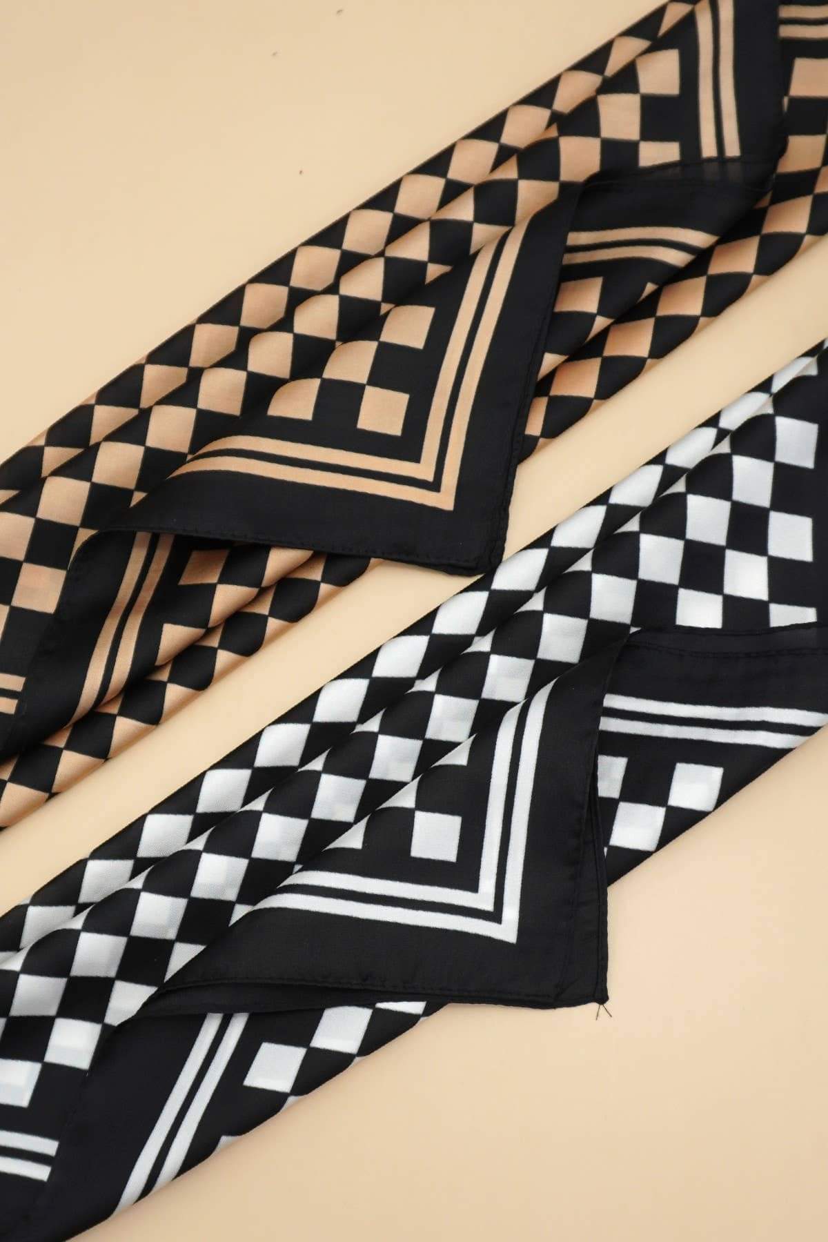 Brown Large Checker Print Silky Bandana Scarf