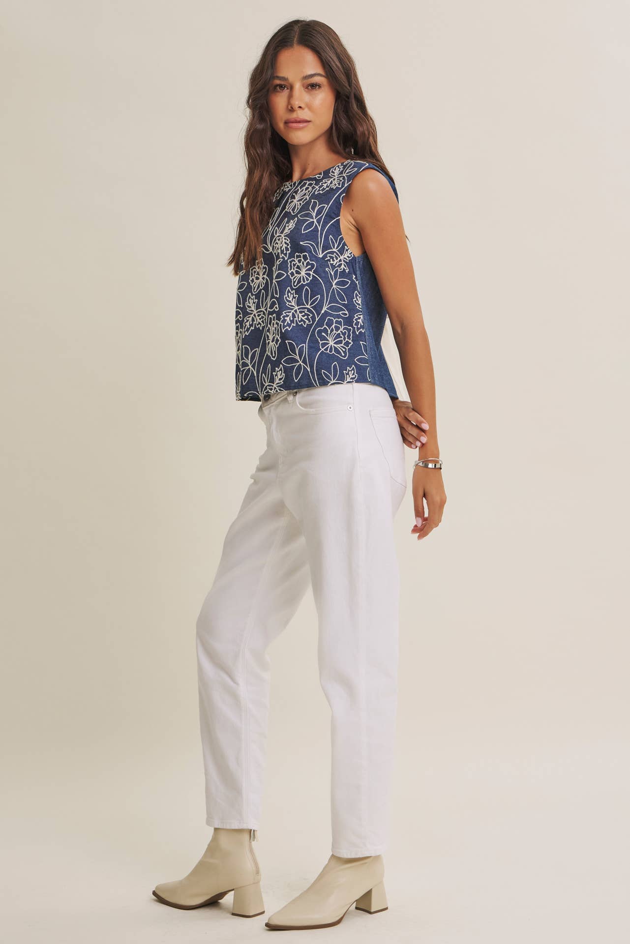 Coastal Chambray Embroidered Blouse with Statement Bow Back