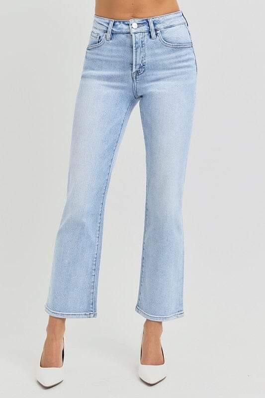 RISEN Tummy Control High Rise Light Wash Crop Straight Jeans