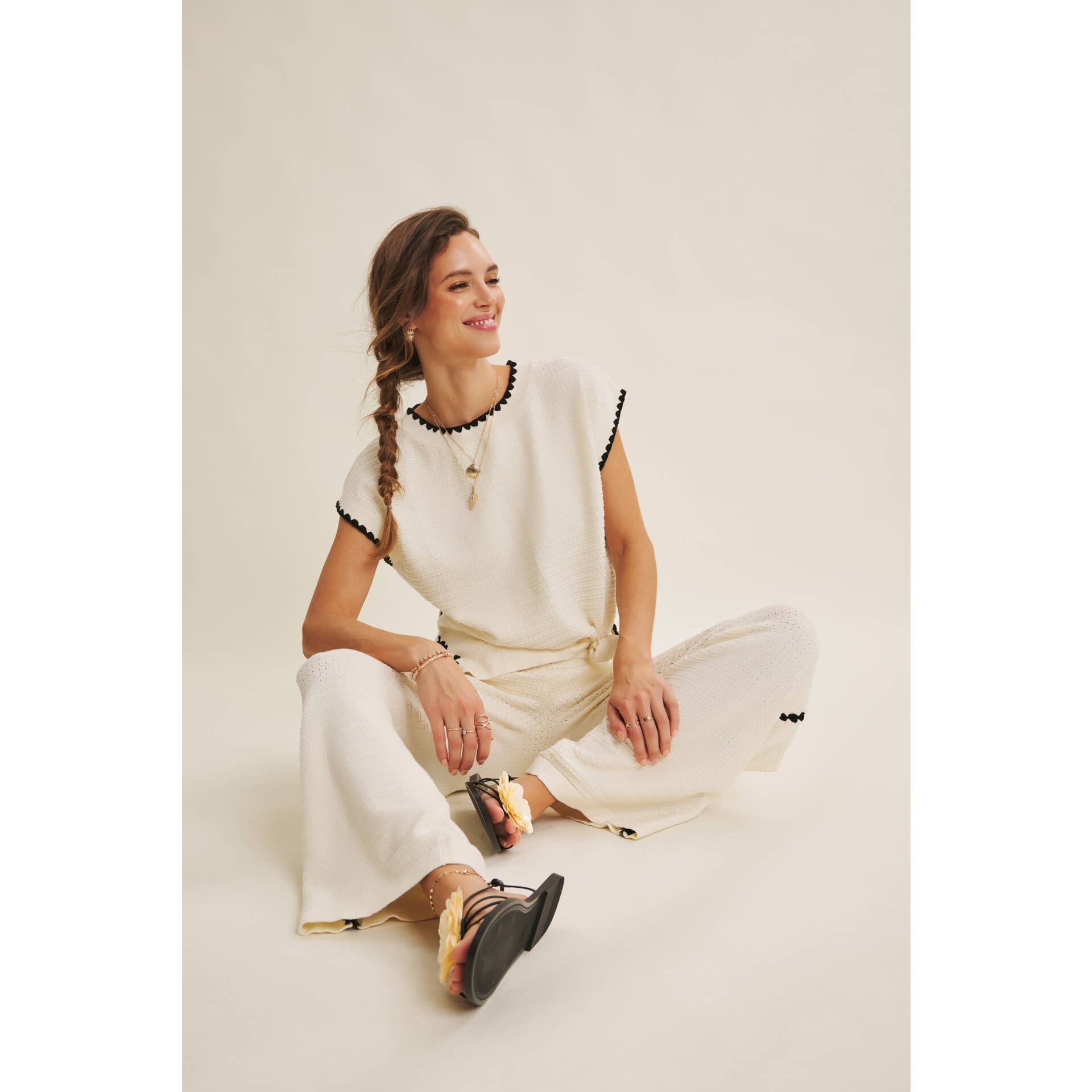 Ivory Coastal Textured Wide-Leg Knit Pants
