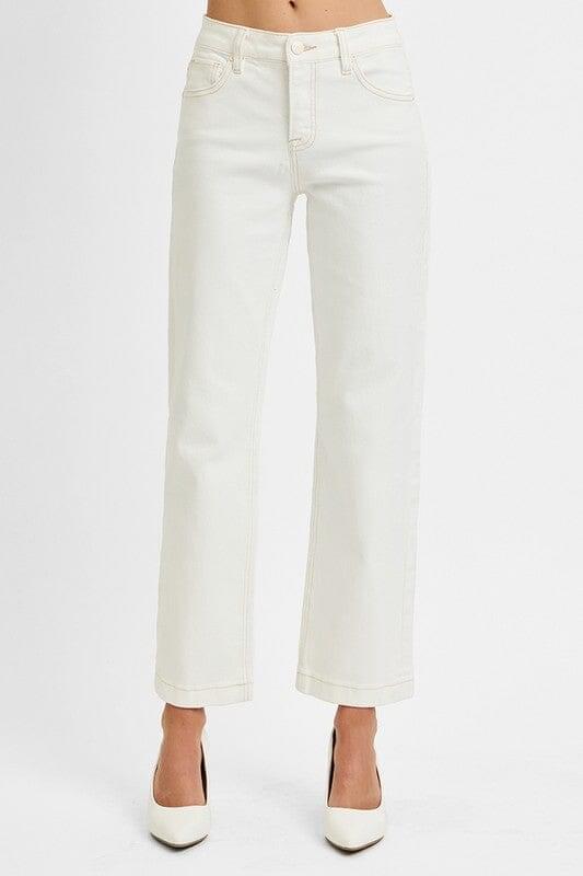 RISEN Cream Tummy Control Mid Rise Ankle Straight Jeans