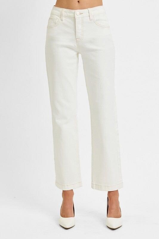 RISEN Cream Tummy Control Mid Rise Ankle Straight Jeans