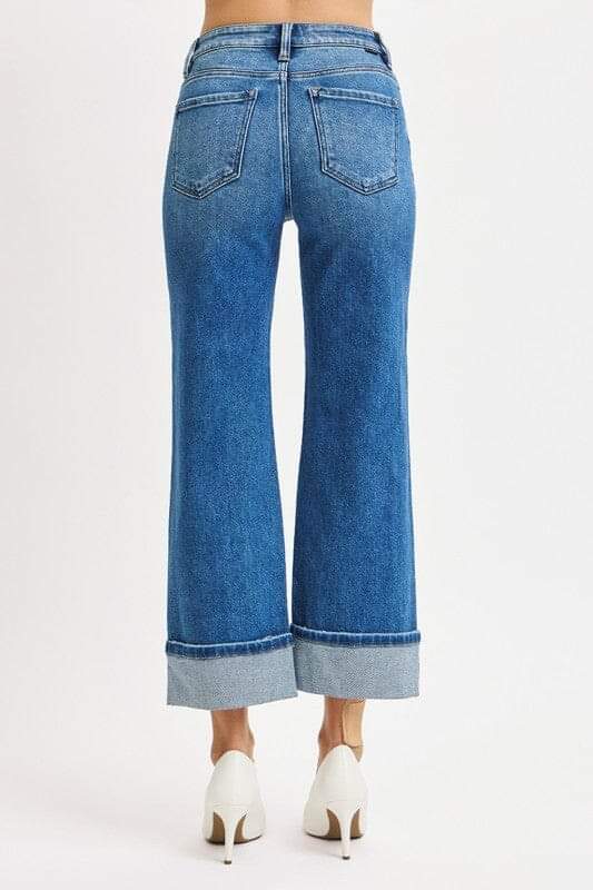 RISEN Medium Wash Mid Rise Crop Straight Cuffed Jeans
