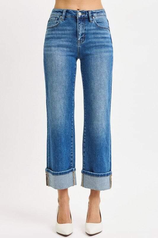RISEN Medium Wash Mid Rise Crop Straight Cuffed Jeans