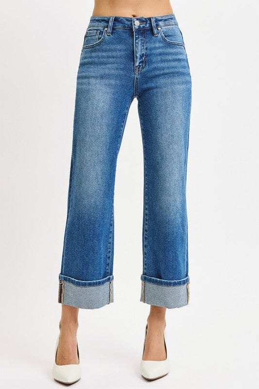 RISEN Medium Wash Mid Rise Crop Straight Cuffed Jeans