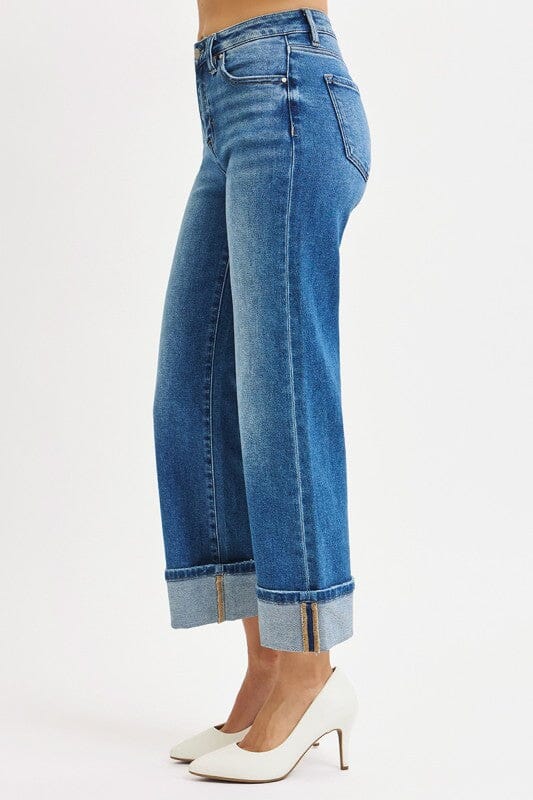 RISEN Medium Wash Mid Rise Crop Straight Cuffed Jeans