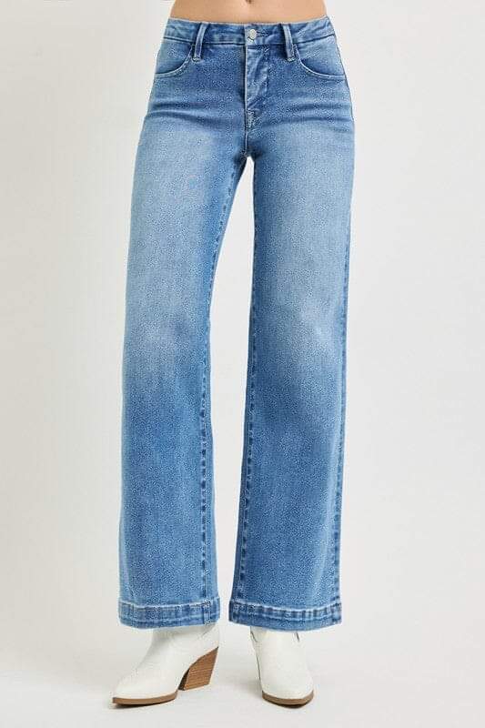 RISEN Tummy Control Mid-Rise Wide-Leg Jeans - Medium Wash