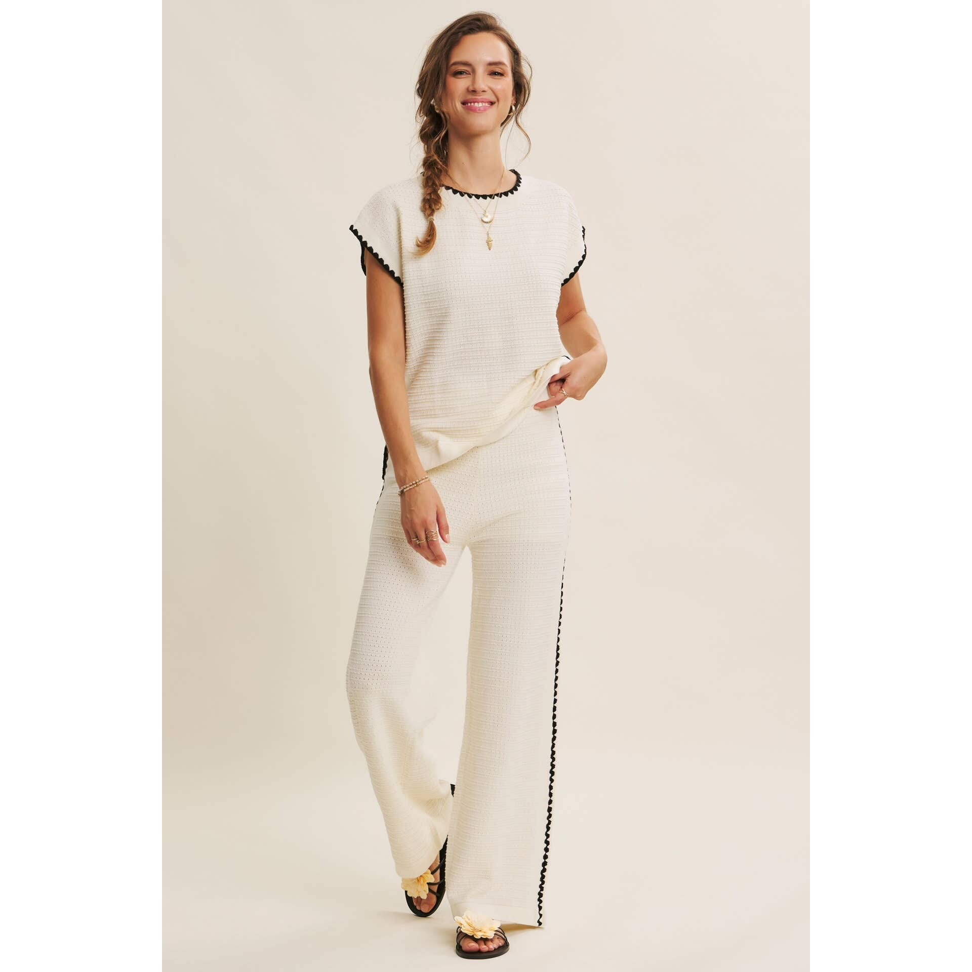 Ivory Coastal Textured Wide-Leg Knit Pants