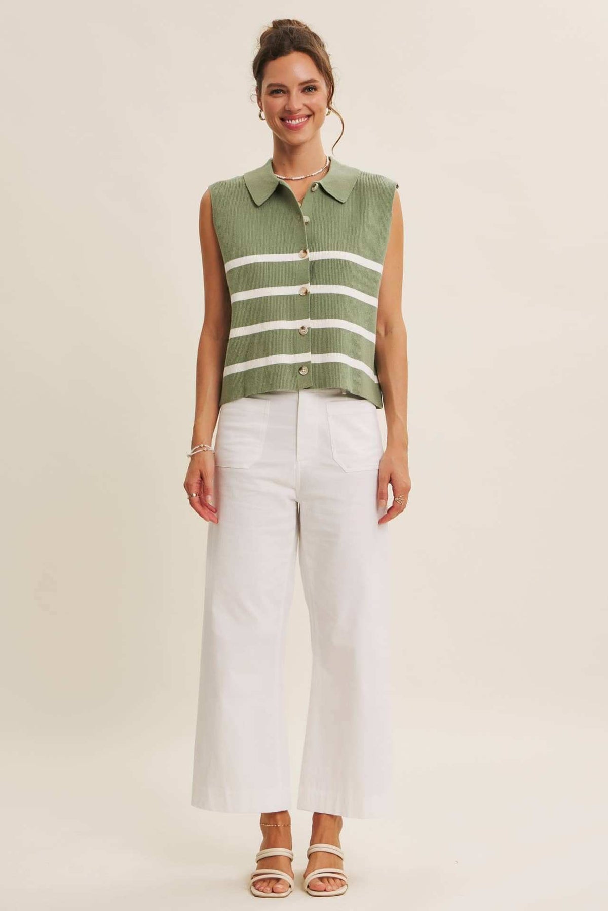 ALL SEASON LAYERING VISCOSE RIB BUTTON-DOWN SWEATER VEST: STONE GREEN / S