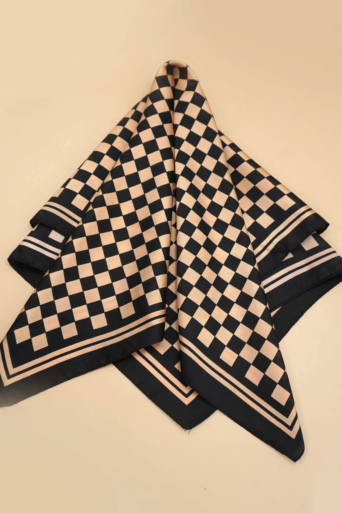 Brown Large Checker Print Silky Bandana Scarf
