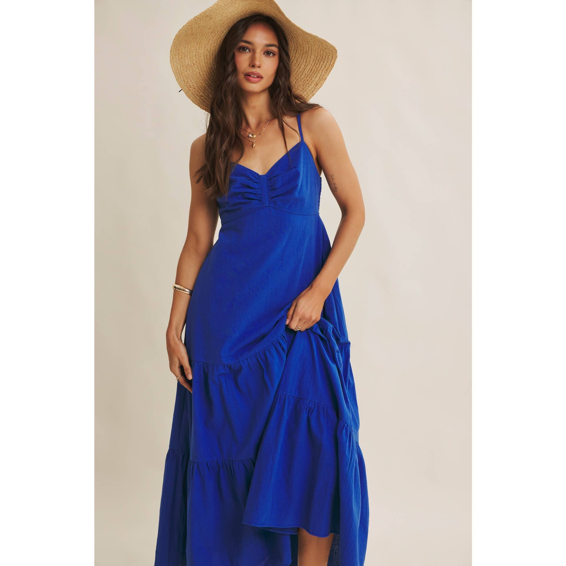 Royal Blue Smocked Back Ruched Cotton Maxi Dress with Pockets
