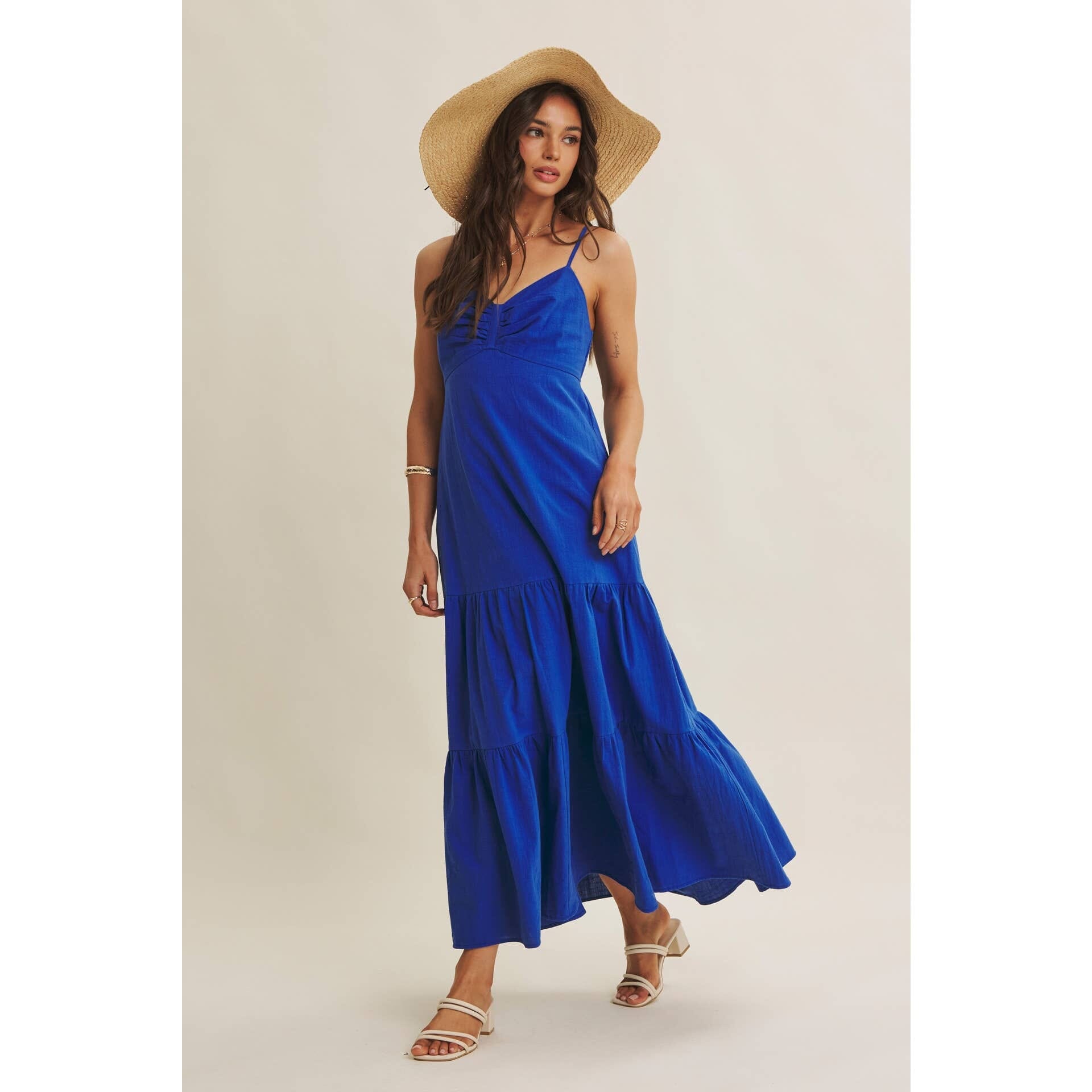 Royal Blue Smocked Back Ruched Cotton Maxi Dress with Pockets