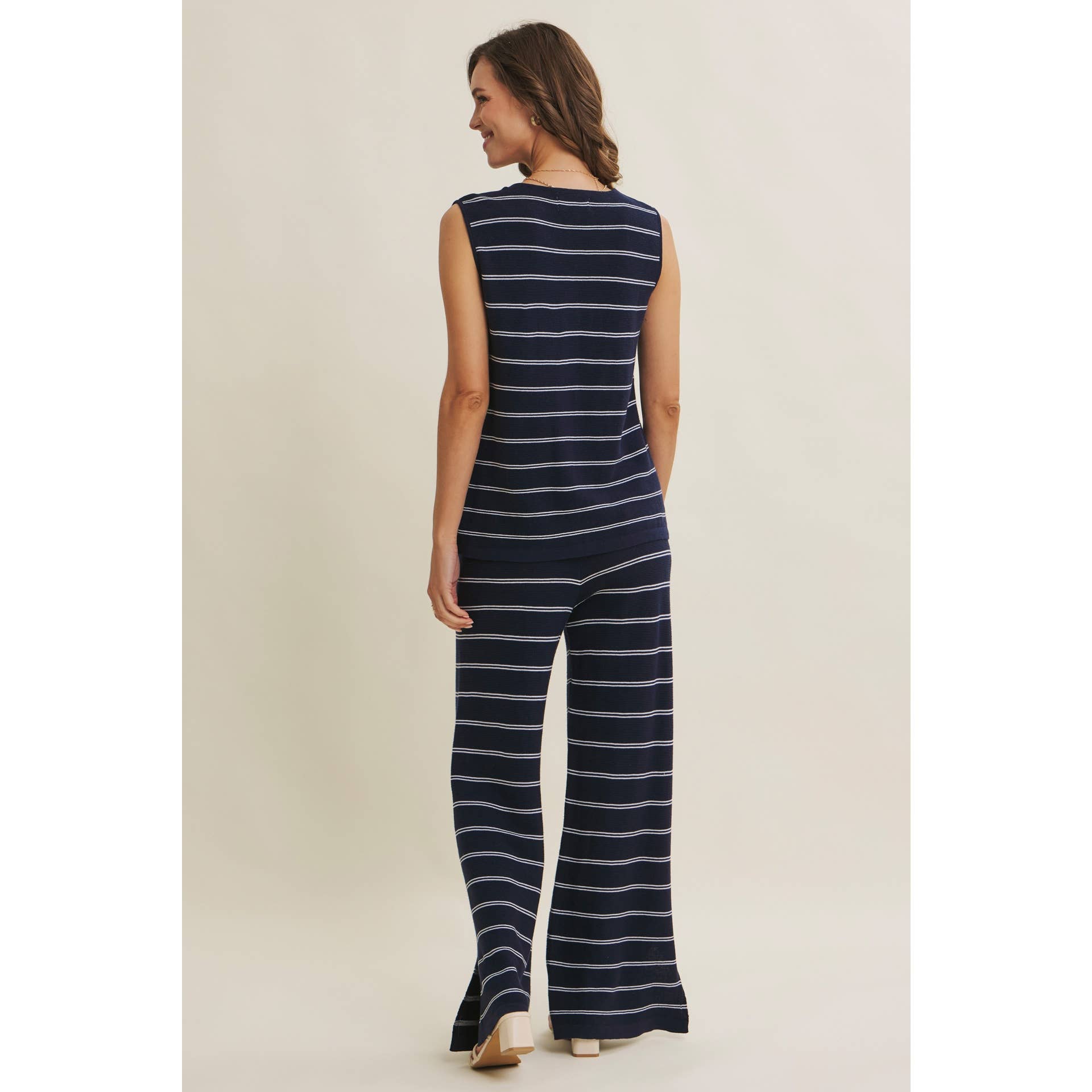 BAYSIDE LEISURE STRIPED BUTTON-DOWN LINEN BLEND SWEATER TOP: NAVY/CREAM / S | Stella & Grace Boutique .
