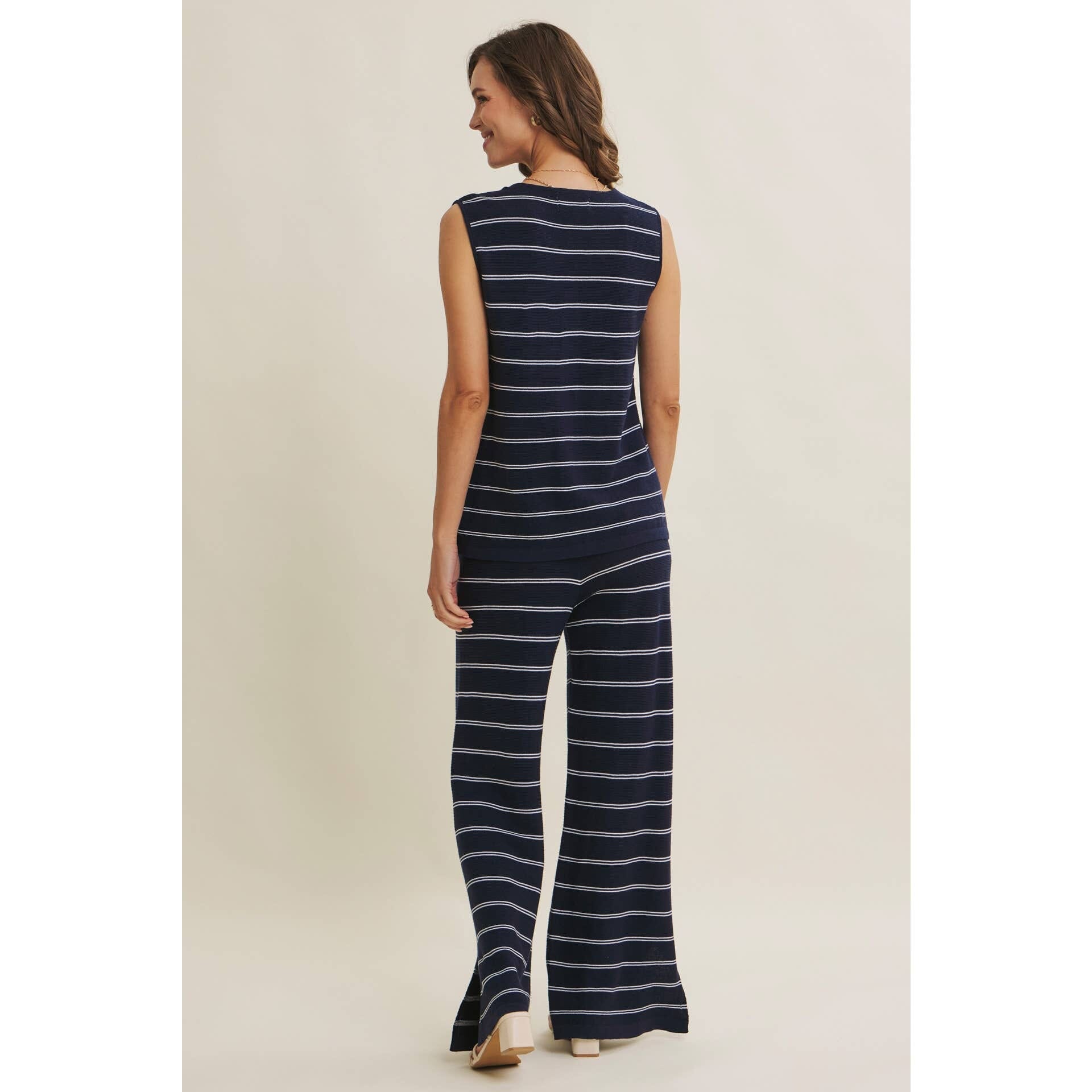 Navy Stripe Linen-Cotton Sleeveless Sweater Top