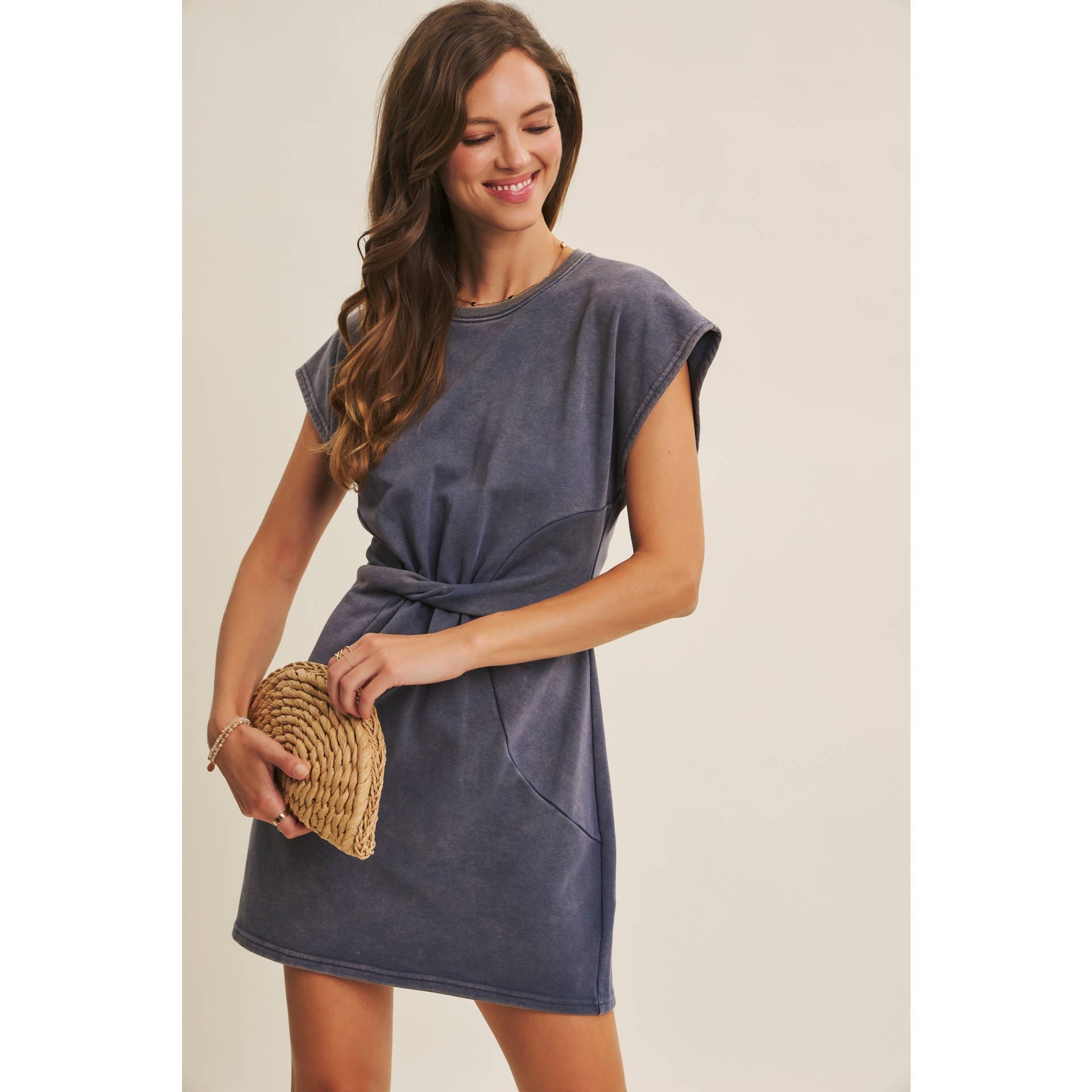 EASYGOING MINERAL-WASHED WAIST TWIST TERRY MINI DRESS: WASHED DENIM / S