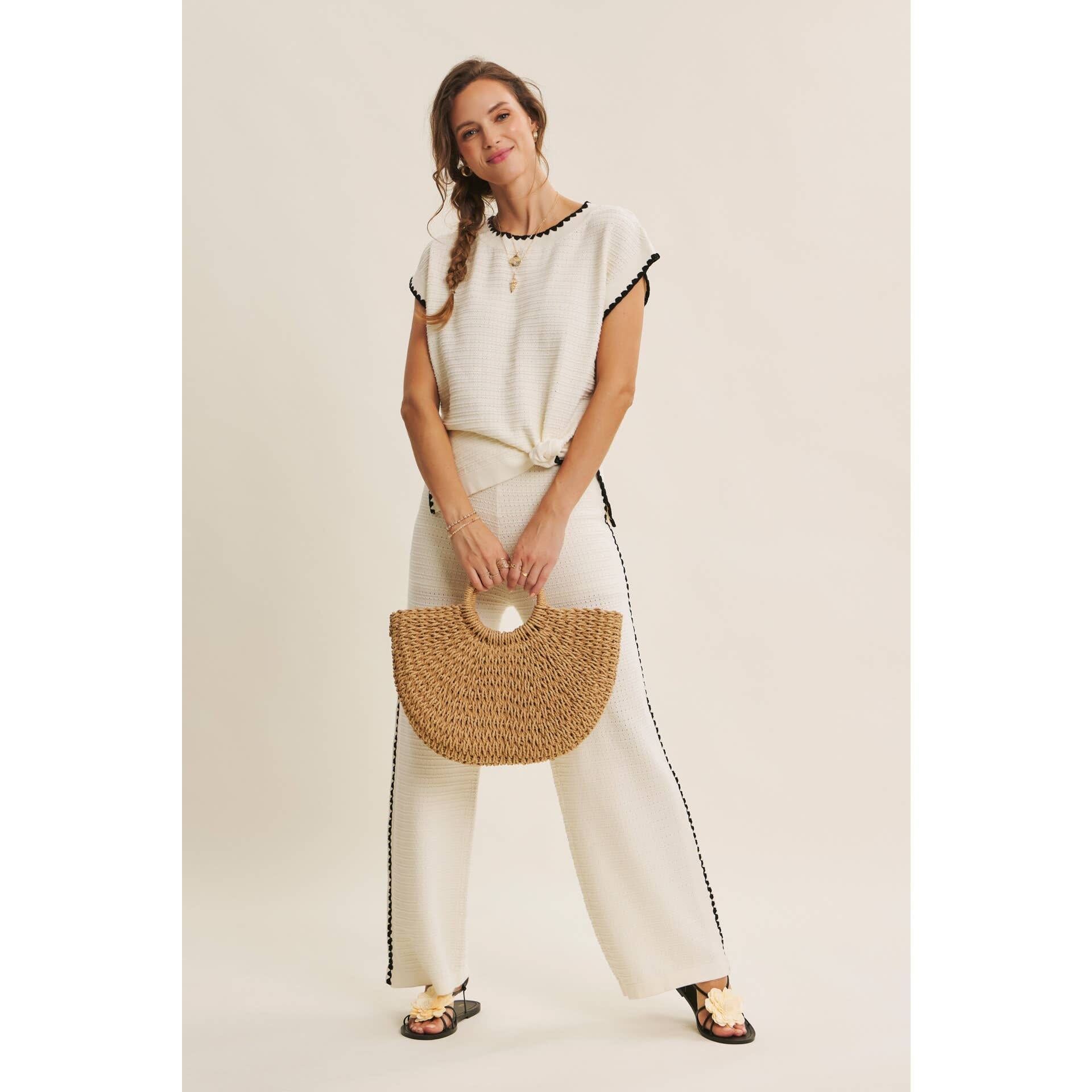 Ivory Coastal Textured Wide-Leg Knit Pants
