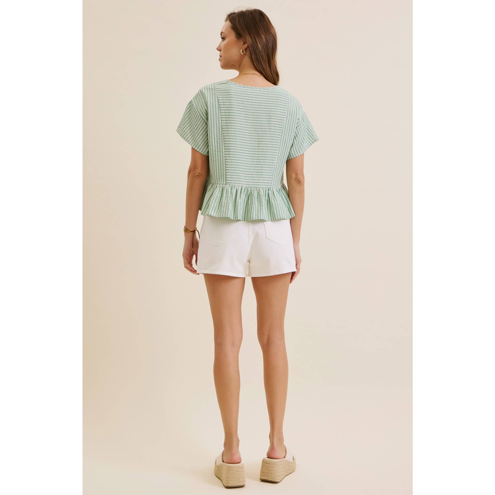 EVERYDAY VERSATILITY BABYDOLL STRIPE PEPLUM BLOUSE TOP: CLOVER GREEN / S | Stella & Grace Boutique .