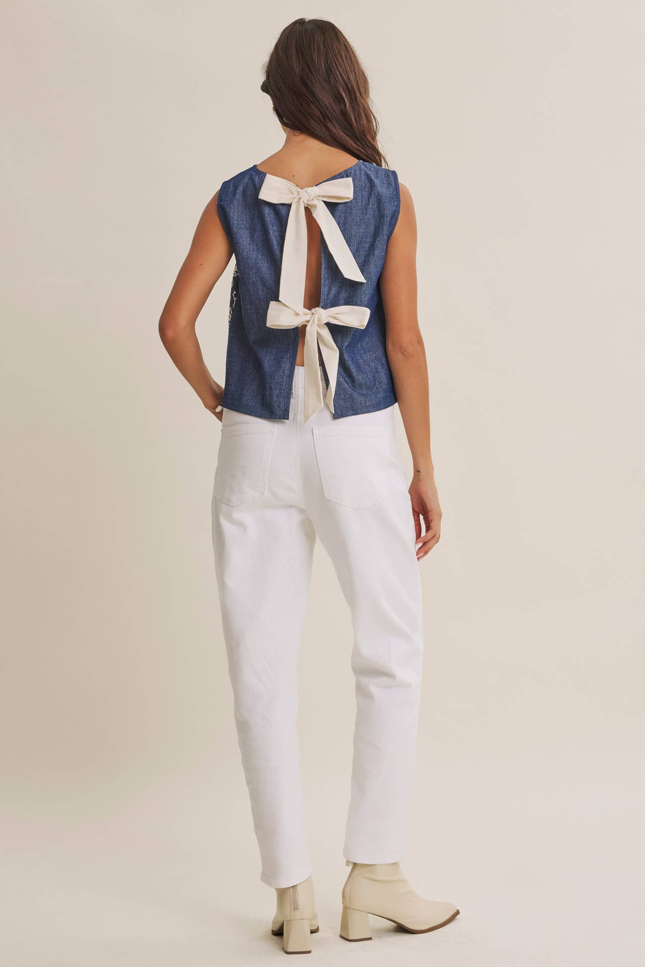 Coastal Chambray Embroidered Blouse with Statement Bow Back
