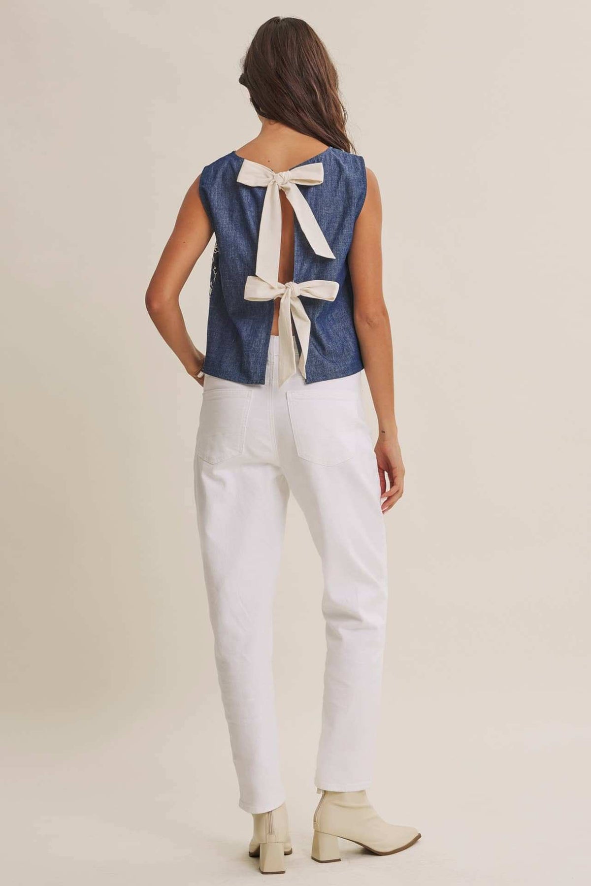 Coastal Chambray Embroidered Blouse with Statement Bow Back