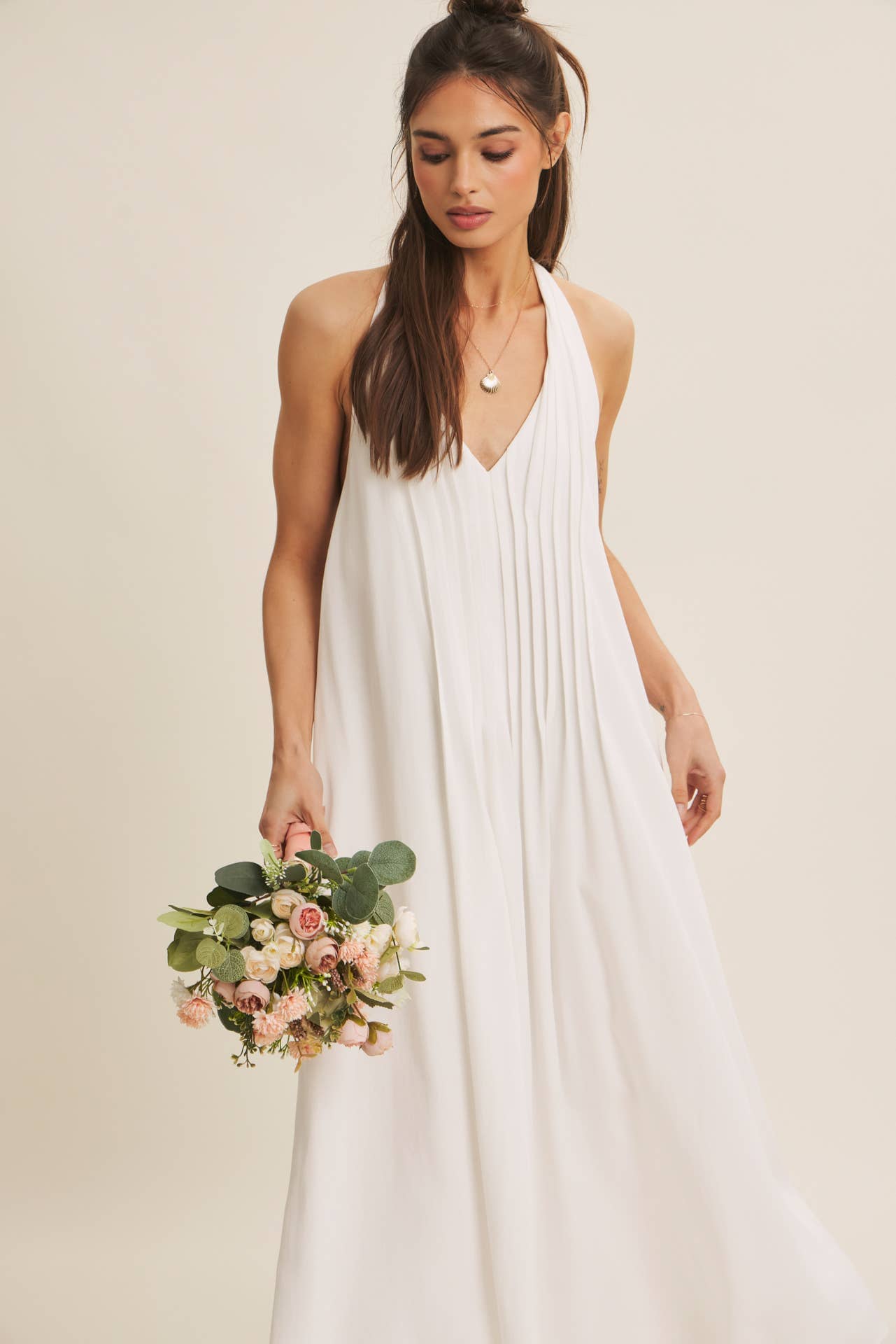 Serene Pintuck Halter Midi Dress – Off White