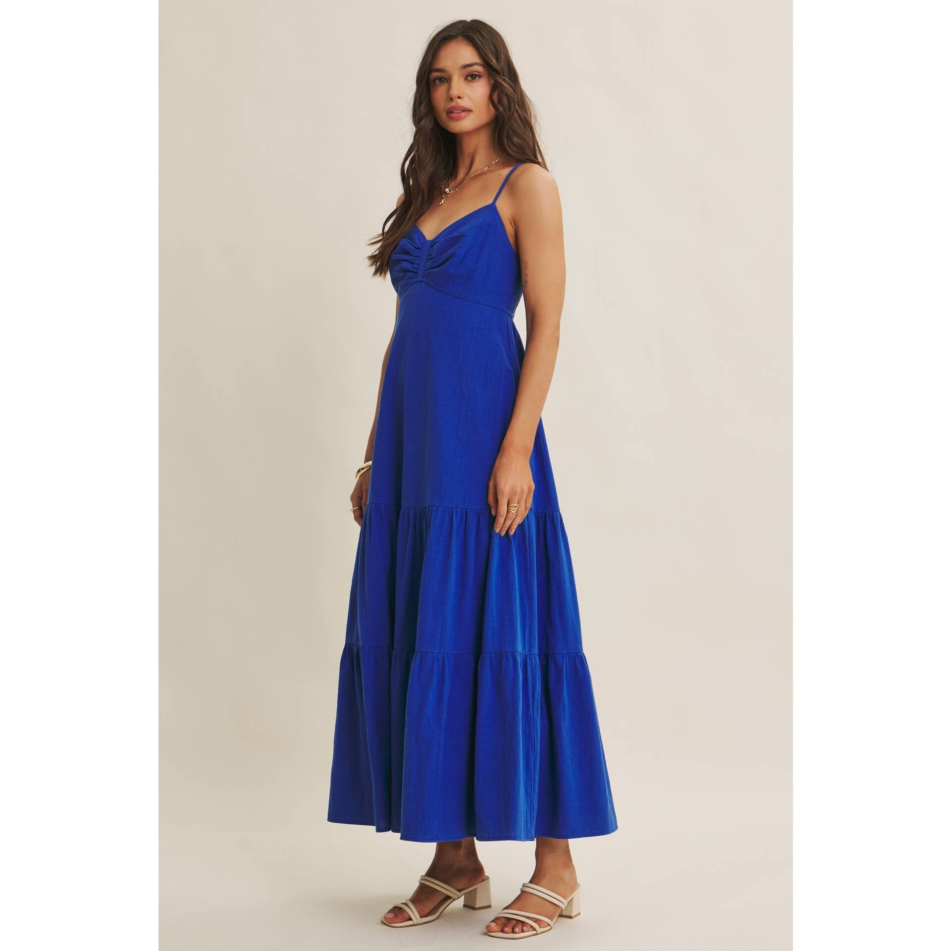 Royal Blue Smocked Back Ruched Cotton Maxi Dress with Pockets
