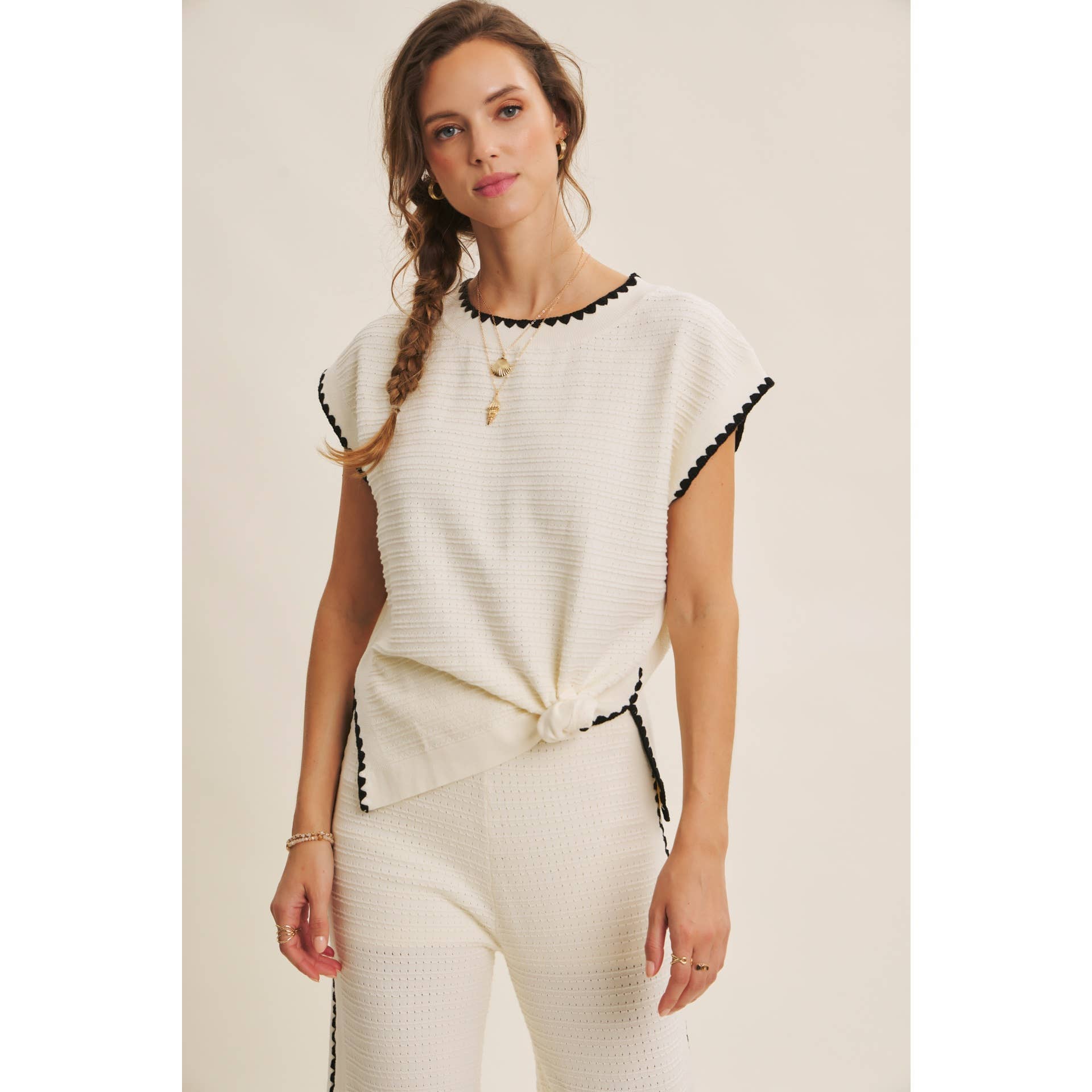 Ivory Coastal Textured Wide-Leg Knit Pants