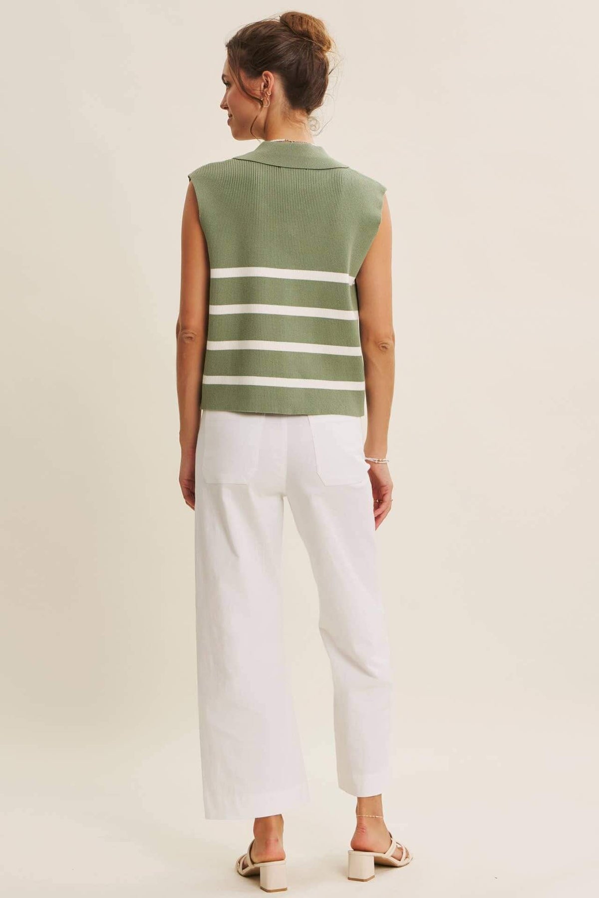 ALL SEASON LAYERING VISCOSE RIB BUTTON-DOWN SWEATER VEST: STONE GREEN / S