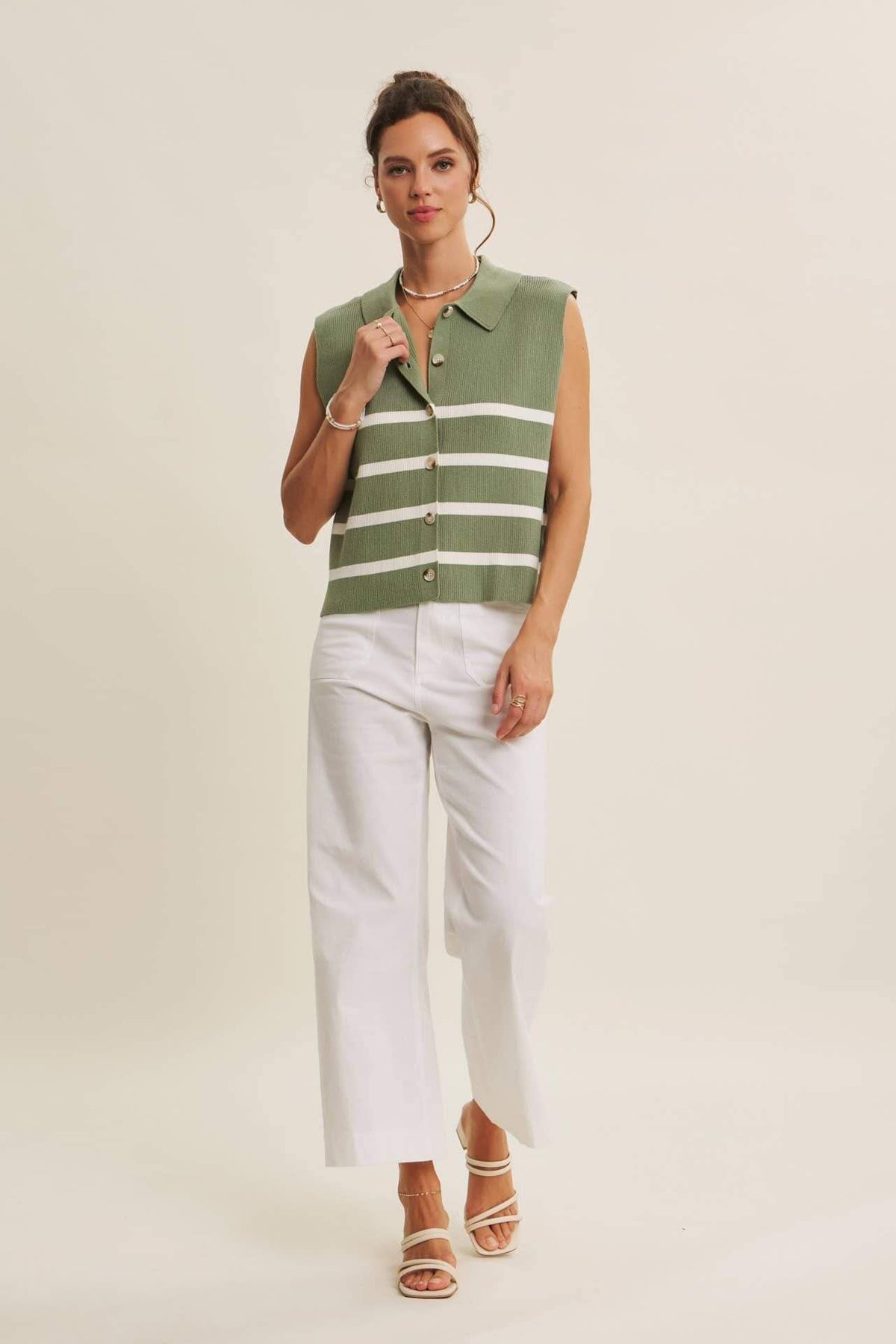 ALL SEASON LAYERING VISCOSE RIB BUTTON-DOWN SWEATER VEST: STONE GREEN / S