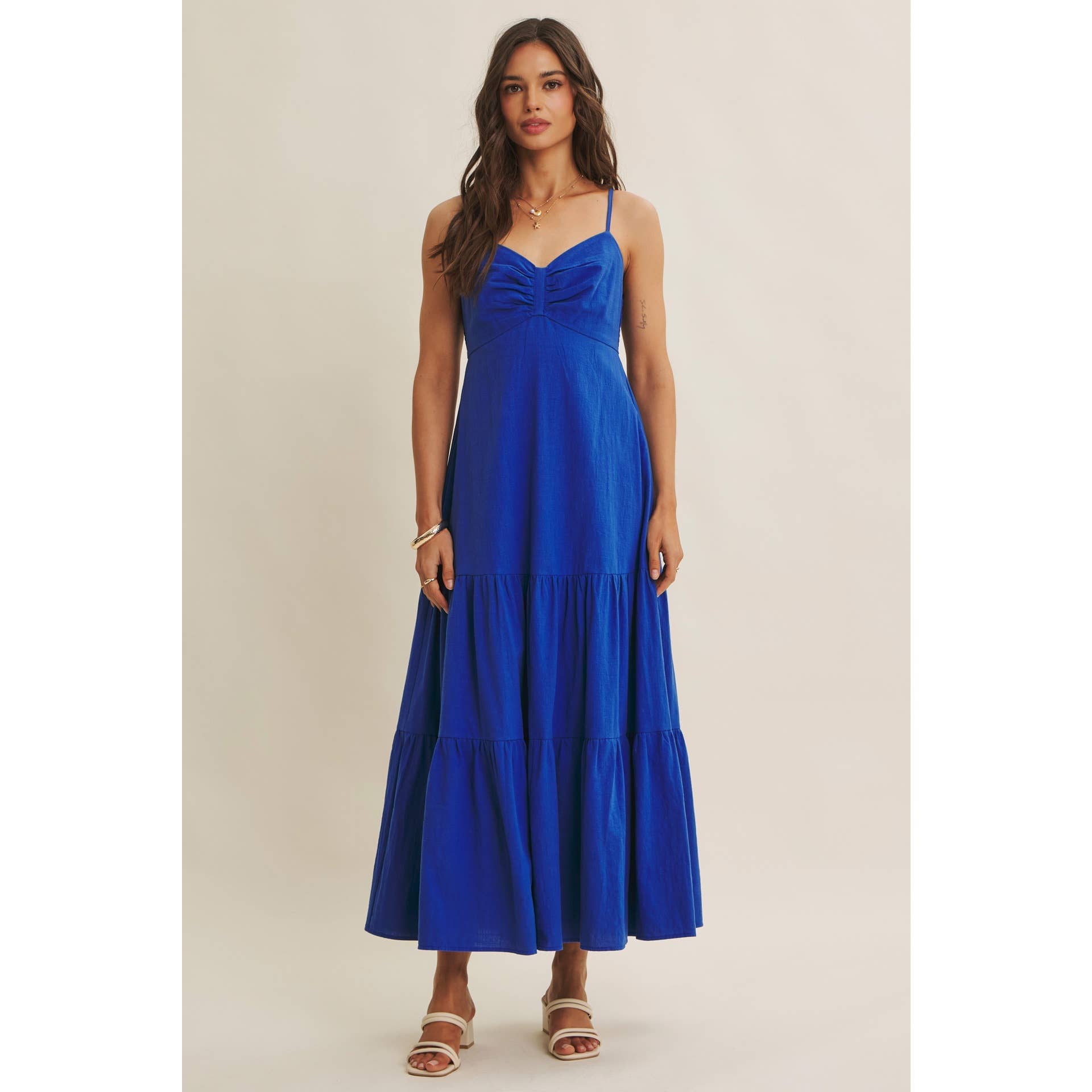 Royal Blue Smocked Back Ruched Cotton Maxi Dress with Pockets