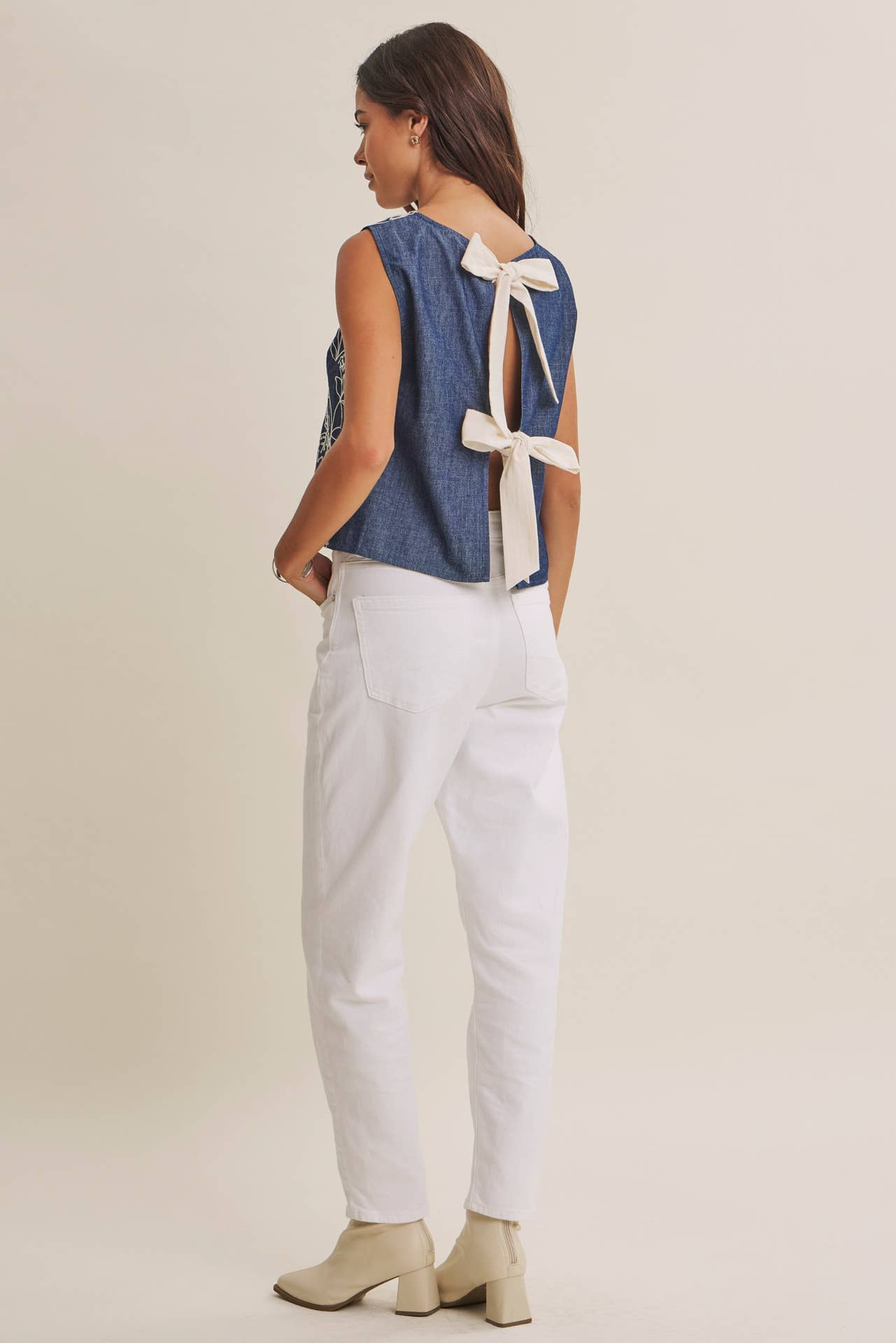 Coastal Chambray Embroidered Blouse with Statement Bow Back