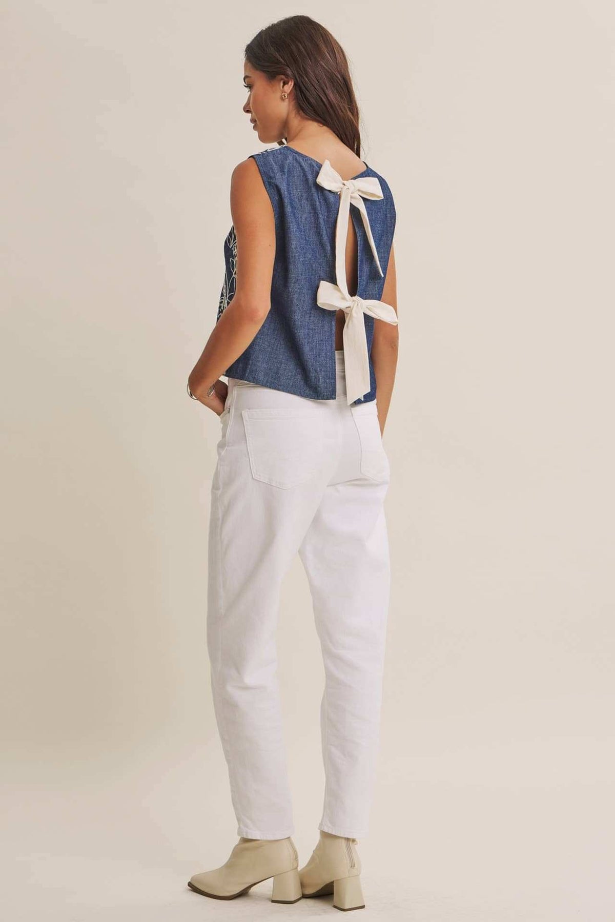 Coastal Chambray Embroidered Blouse with Statement Bow Back