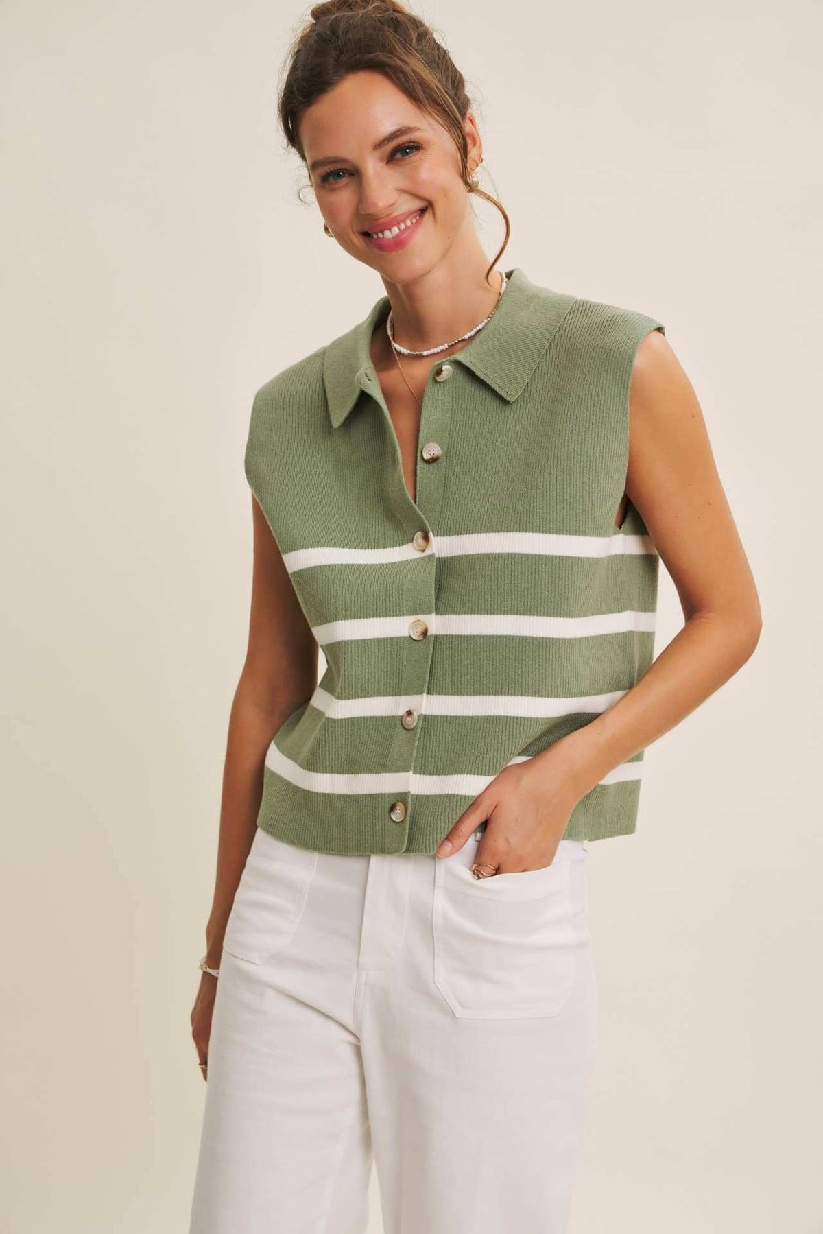 ALL SEASON LAYERING VISCOSE RIB BUTTON-DOWN SWEATER VEST: STONE GREEN / S