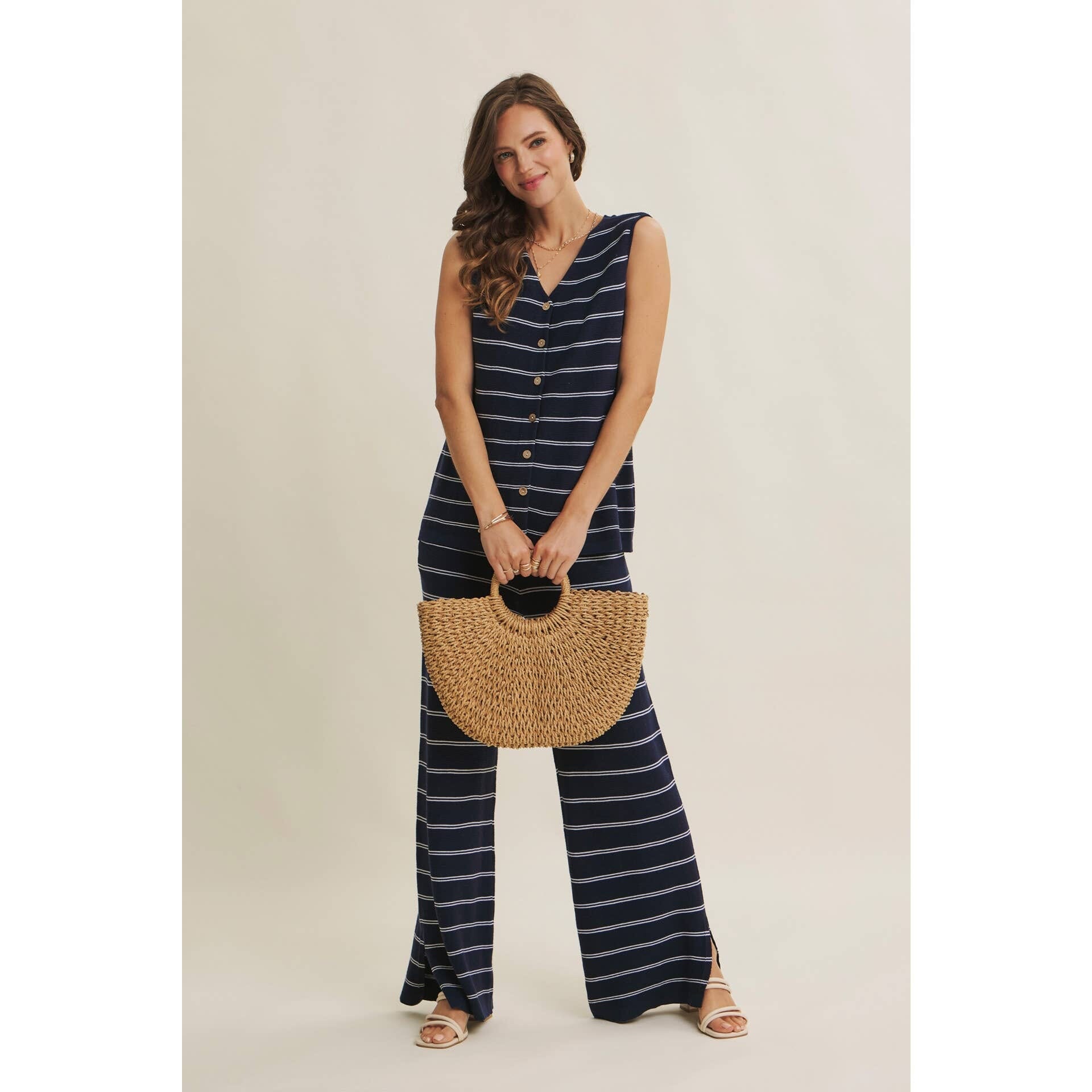 Navy Stripe Linen-Cotton Sleeveless Sweater Top
