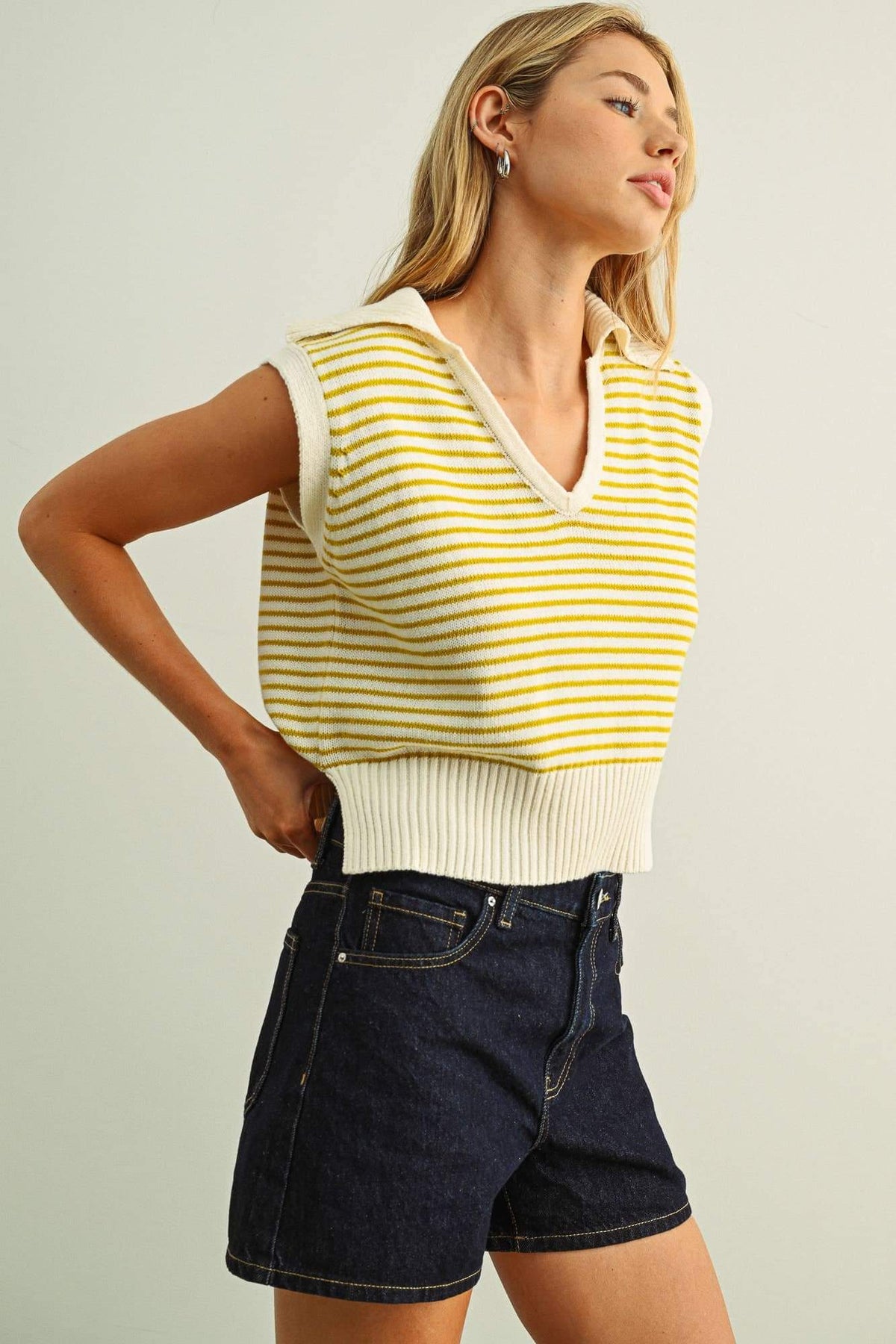 Lemon Stripe V-Neck Collar Knitted Top